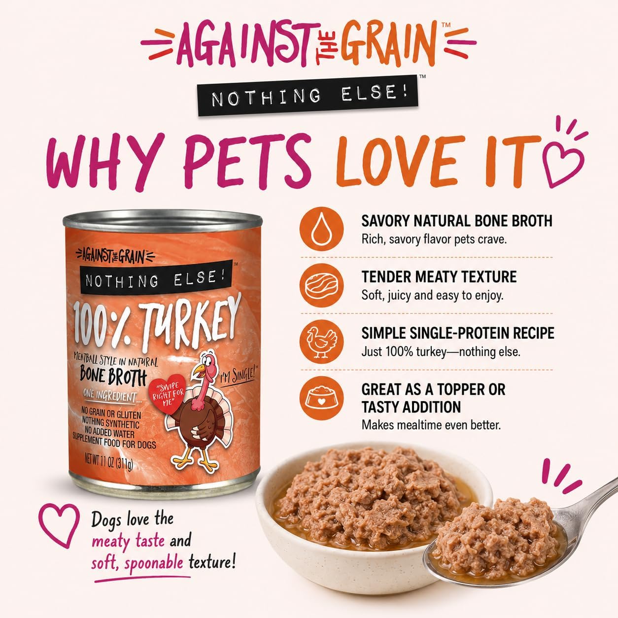 Against The Grain Nothing Else! 100% Salmon Dog Food – 12 Count, 11 oz Each – Single-Ingredient Meatball Texture in Natural Broth – Wet Dog Food – Grain & Gluten Free