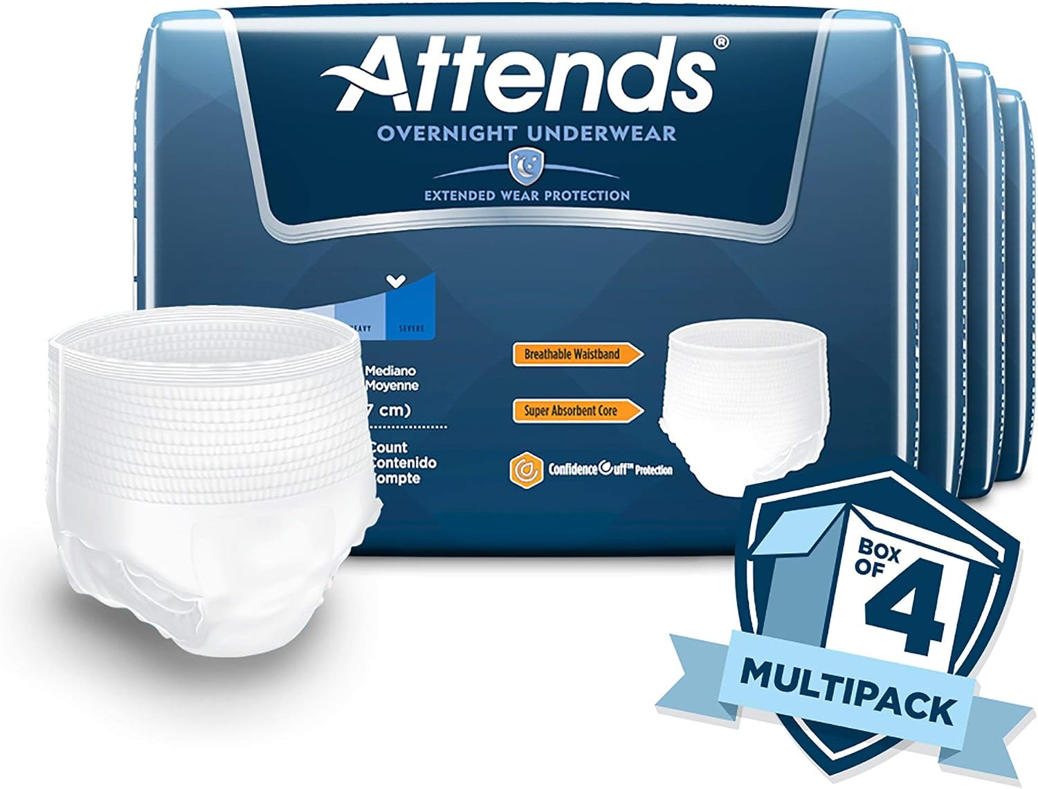 Attends Overnight Underwear for Adult Incontinence Care with ConfidenceCuff™ Protection, Overnight Absorbency, Unisex, X-Large, 12 Count (x4) | Unisex