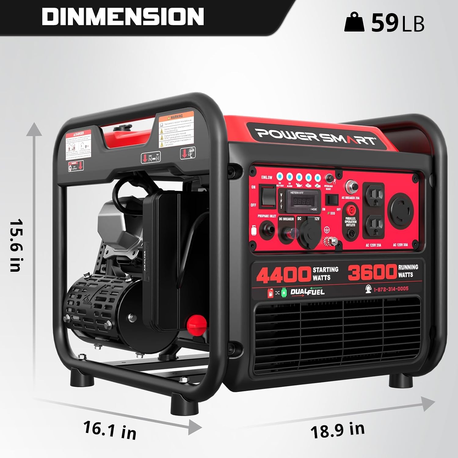 PowerSmart 4400-Watt Open Frame Inverter Generator, Gas Powered, CO-Sensor, Lightweight & Quiet for Home Use and Emergency Backup, Camping, EPA Compliant