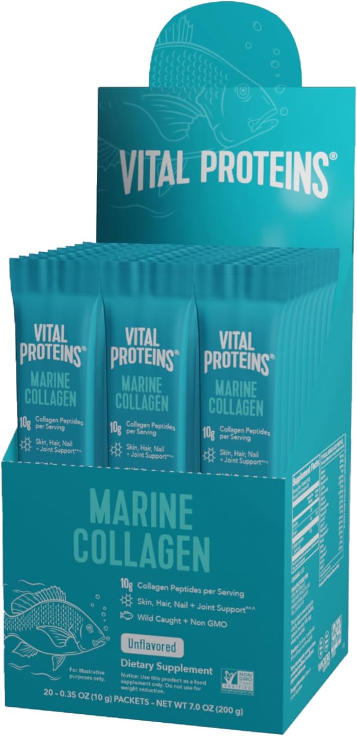 Vital Proteins Marine Collagen, Unflavored Stick Packs, 20 Count | Marine Collagen Peptides, Supports Hair Skin Nails & Joints, 10g Per Packet, Travel-Friendly Stick Packs, 20 Servings