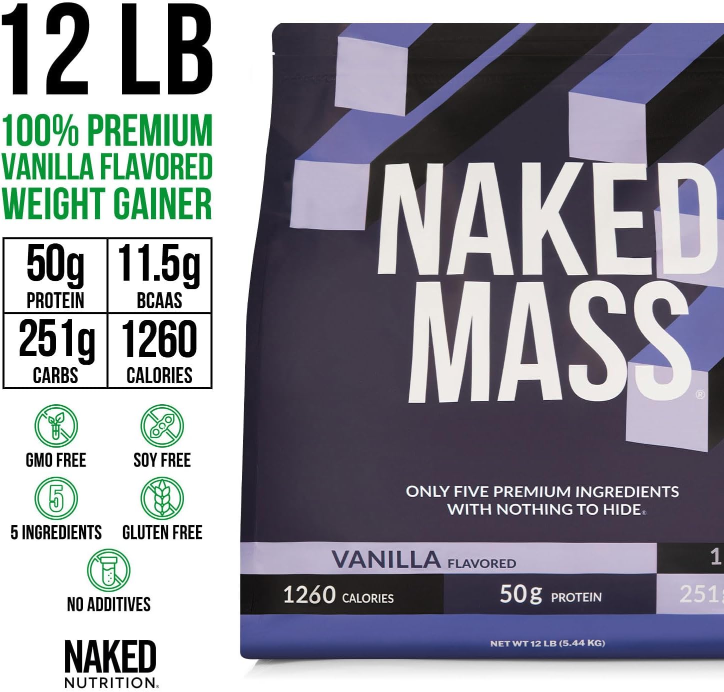NAKED Mass - Natural Weight Gainer Protein Powder - 8 LB Bulk, NSF Certified, GMO Free, Gluten Free & Soy Free. No Artificial Ingredients - 1,250 Calories per Serving