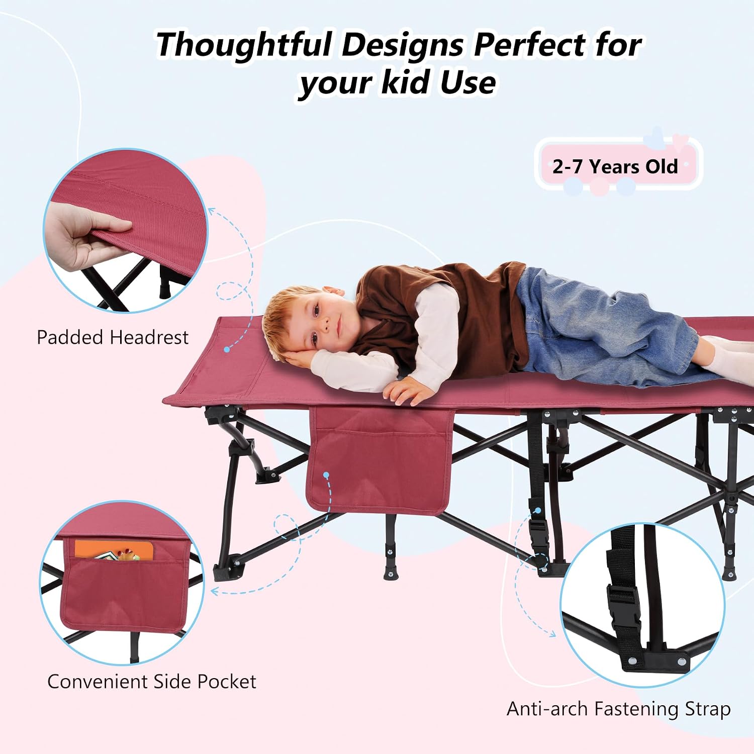 REDCAMP Extra Long Kids Cot for Camping 2-7 Years, Portable Travel Toddler Cot Bed with Carry Bag, Lightweight for Outdoor Indoor Home, Blue 53''x26''