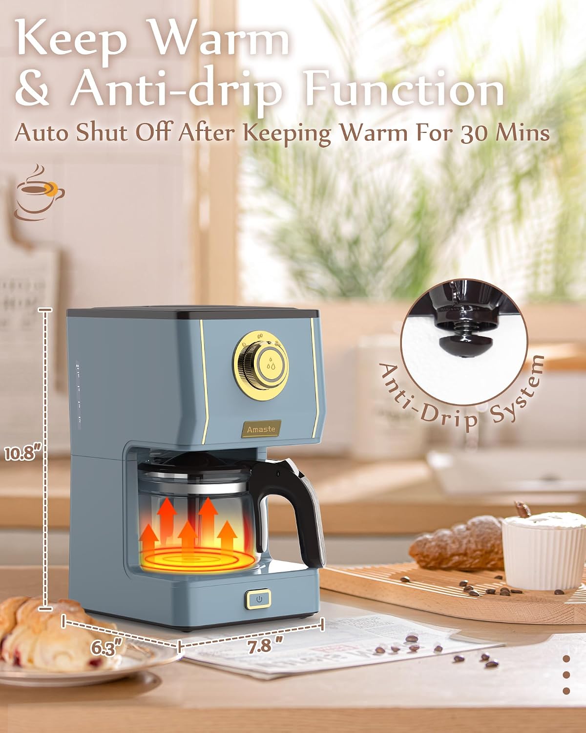 Amaste Drip Coffee Maker, Coffee Machine with 25 Oz Glass Coffee Pot, Retro Style Coffee Maker with Reusable Filter & Three Brewing Modes