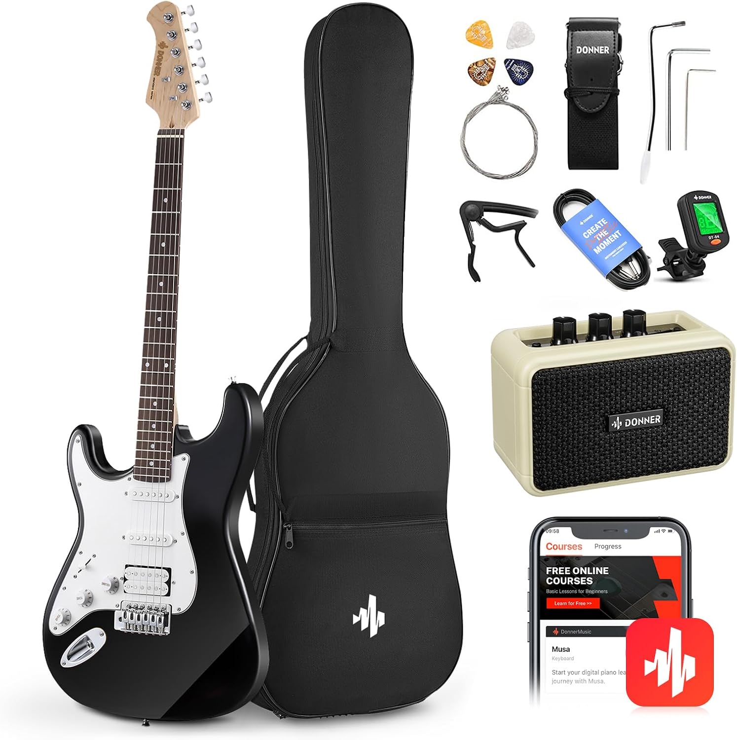 Donner 39-Inch Electric Guitar Starter Kit with Solid Body, HSS Pickup, Accessories, Amplifier, Lessons, and Digital Tuner - Red