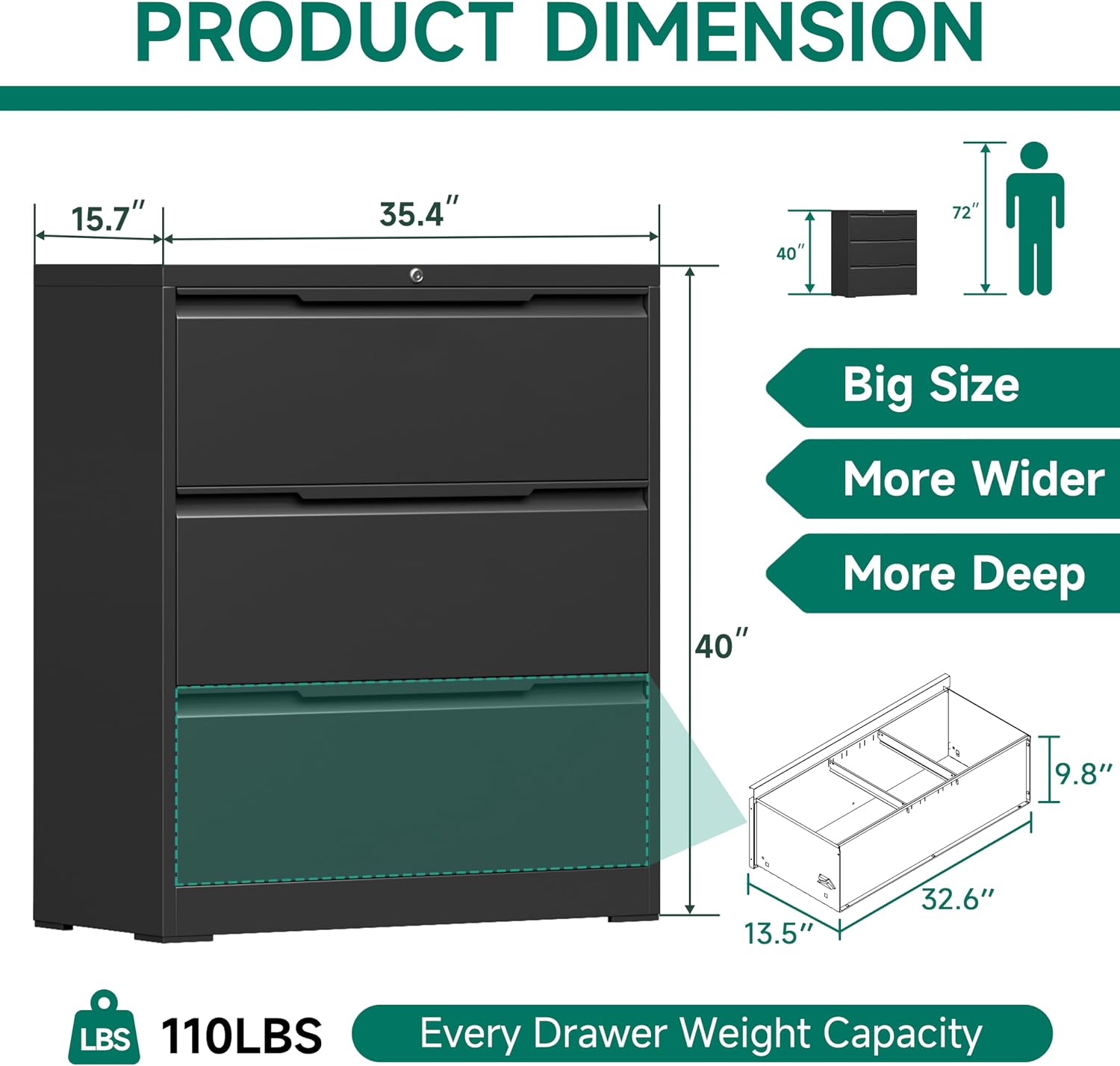 3 Drawer File Cabinet with Lock,Vertical Filing Cabinets for Home Office,Heavy Duty Metal File Cabinet for Hanging A4/Letter/Legal Size File,Vertical File Cabinet 15" W X 17.8" D X 38.3" H-Black
