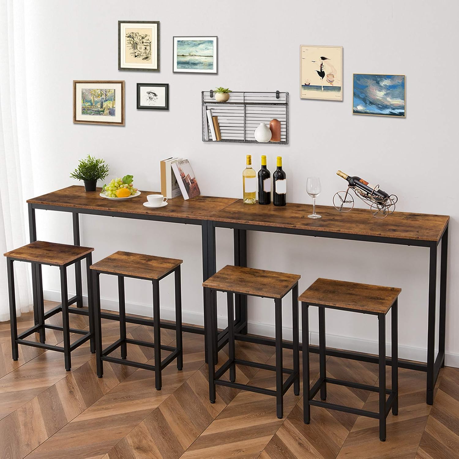 HOOBRO Bar Table and Chairs Set, 47.2” Rectangular Pub Table with 2 Stools for Small Space, 3-Piece Breakfast stools Set, Sturdy Metal Frame