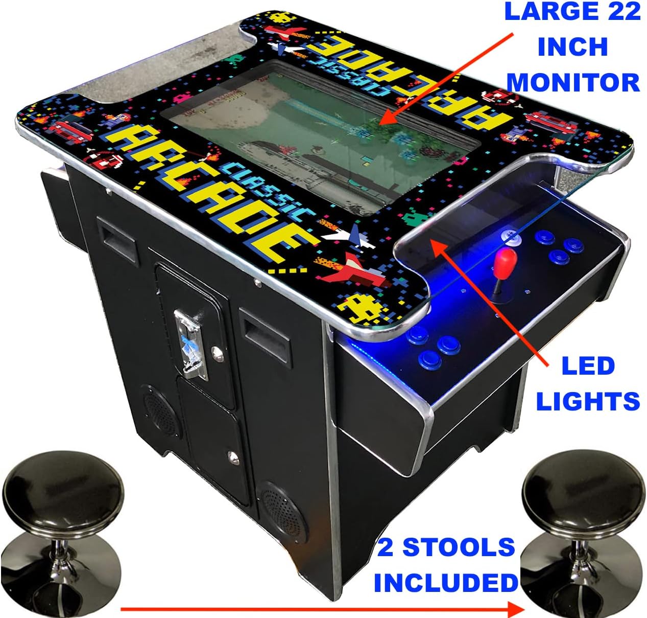 Full Size Commercial Grade Cocktail Arcade Machine 2 Player Retro 60 Games 22" LCD Screen Tempered Glass 2 Stools Included 5 Year Warranty Black