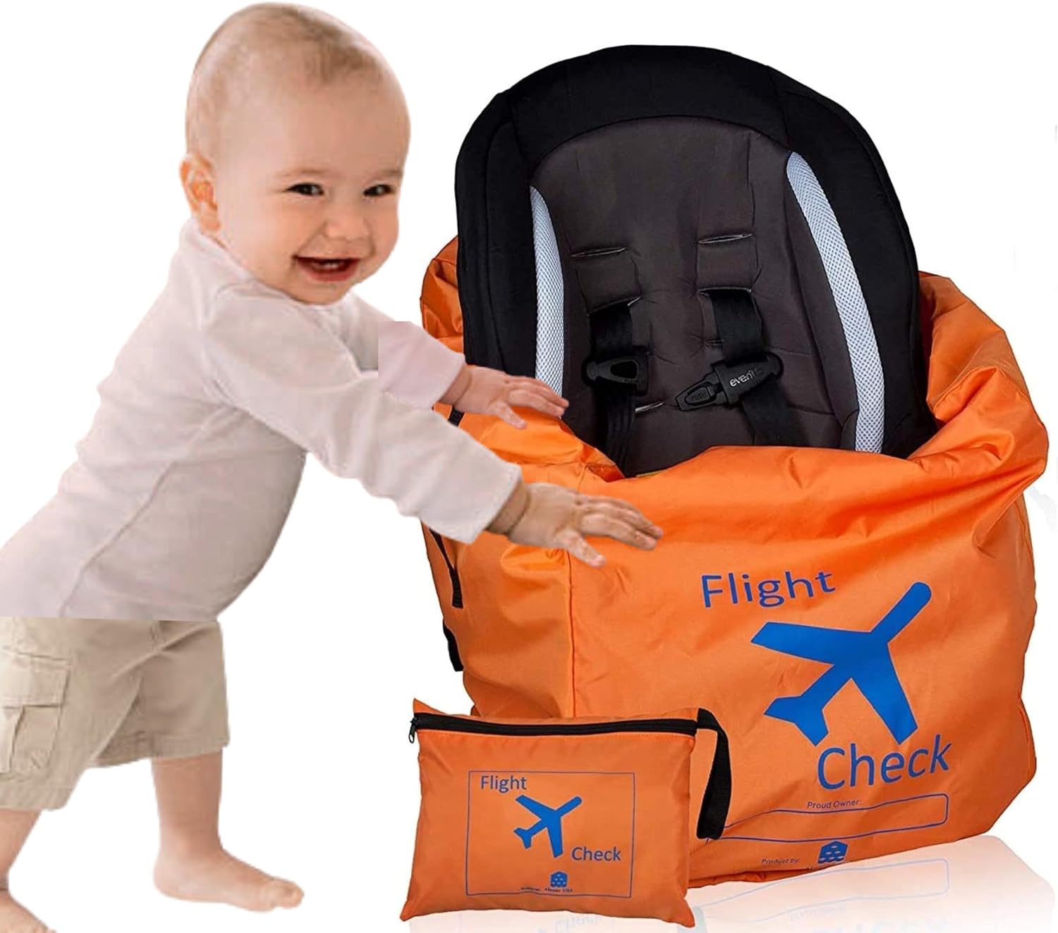 Car Seat Travel Bag and Carrier for Gate Check with Travel Pouch - Bright Orange with Blue Letters for Airport, Airplane Gate Check