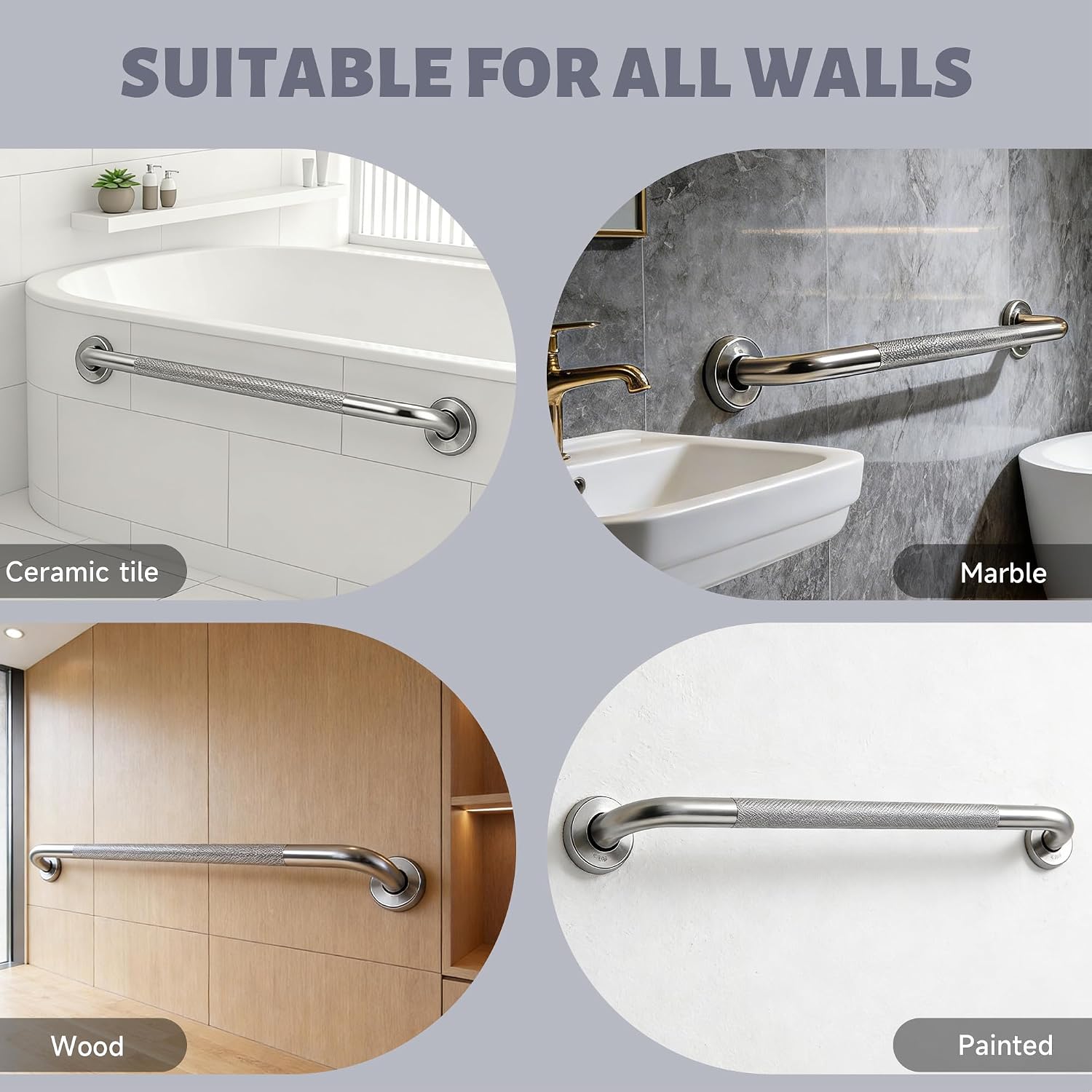 12 Inch Shower Grab Bar 1.25" Dia,Brushed Nickel Anti Slip Bathroom Grab Bar, 304 Stainless Steel Knurled Handicap Grab Bars, Safety Support Handrail,Bath Shower Handle for Elderly Injury Senior
