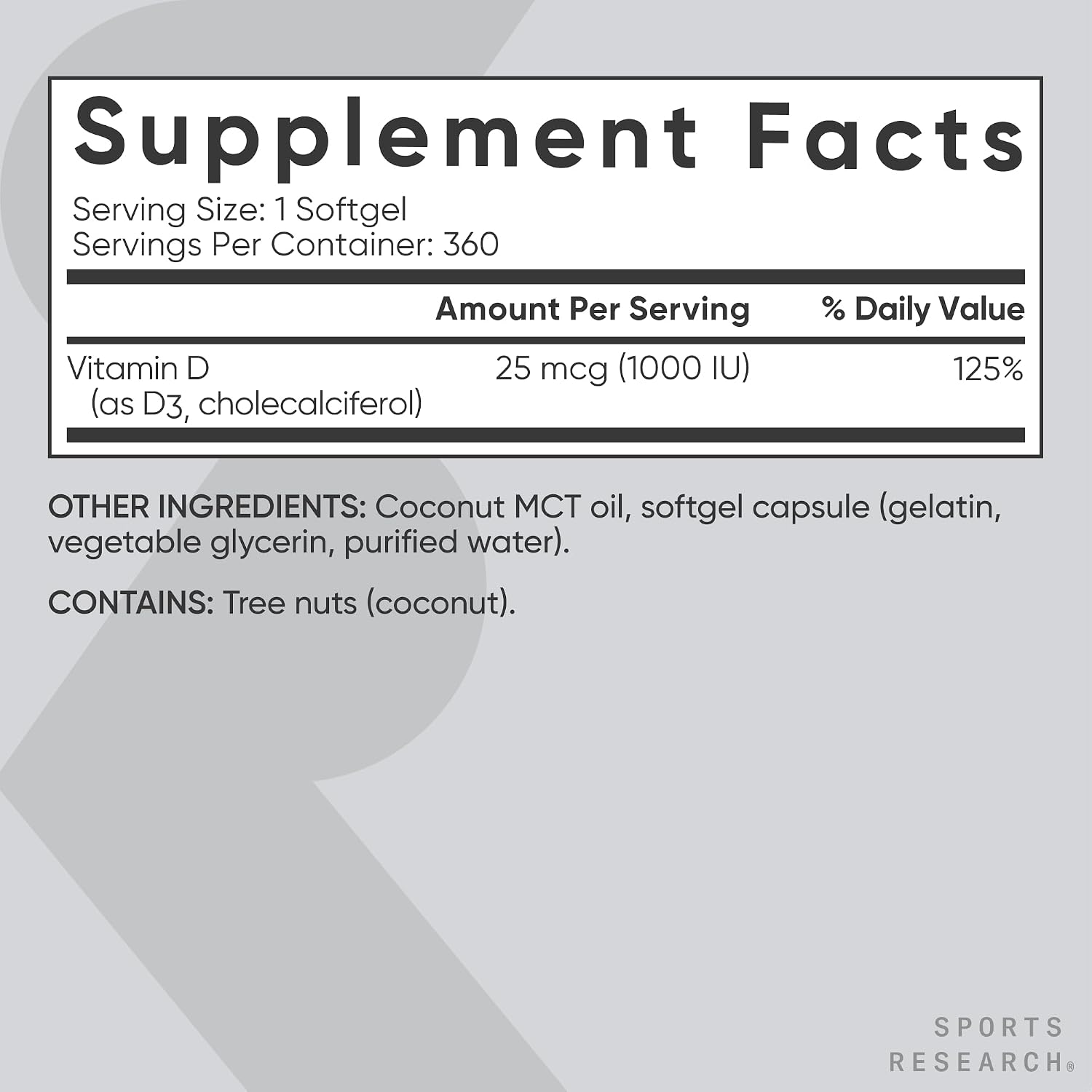 Sports Research® Vitamin D3 5000iu/125mcg with Coconut Oil, 360 Softgels | Extra Strength Vitamin D Supplement | Immune, Bone, Mood Support | Non-GMO, Soy Free - 360 Servings