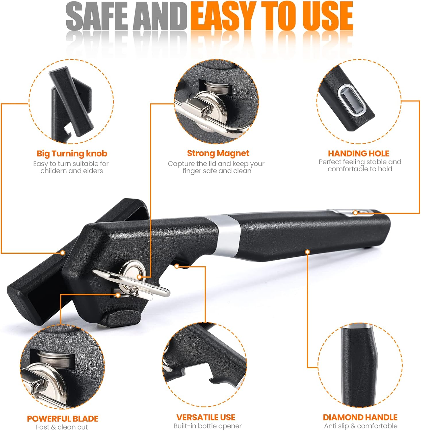 Side Cut Can Opener, Smooth Edge Manual Can Opener, Black