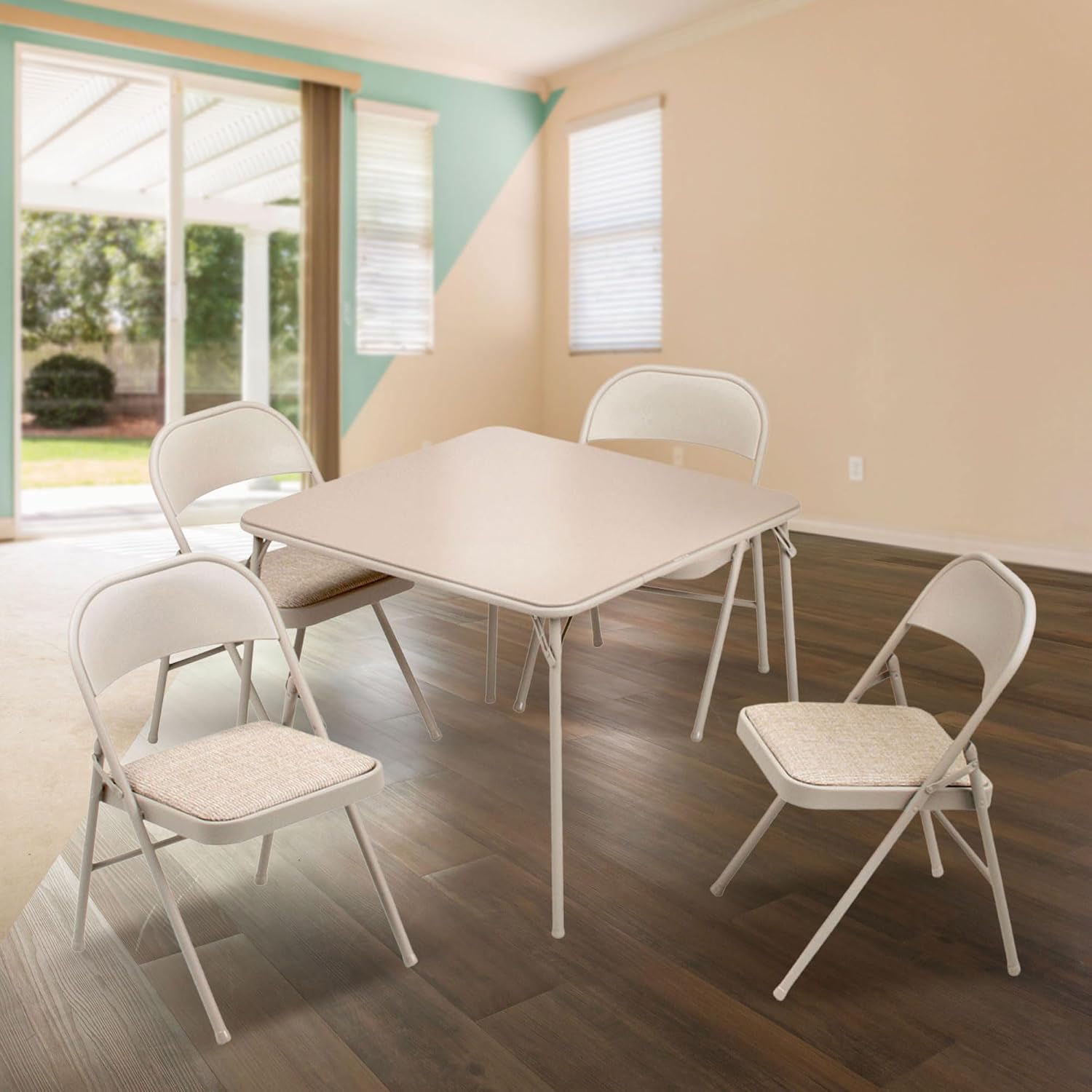 Sudden Comfort 5 Piece 34 x 34 Inch Square Folding Dining Card Table, Tan | with 4 Padded Folding Chairs Furniture Set for Gatherings and Games