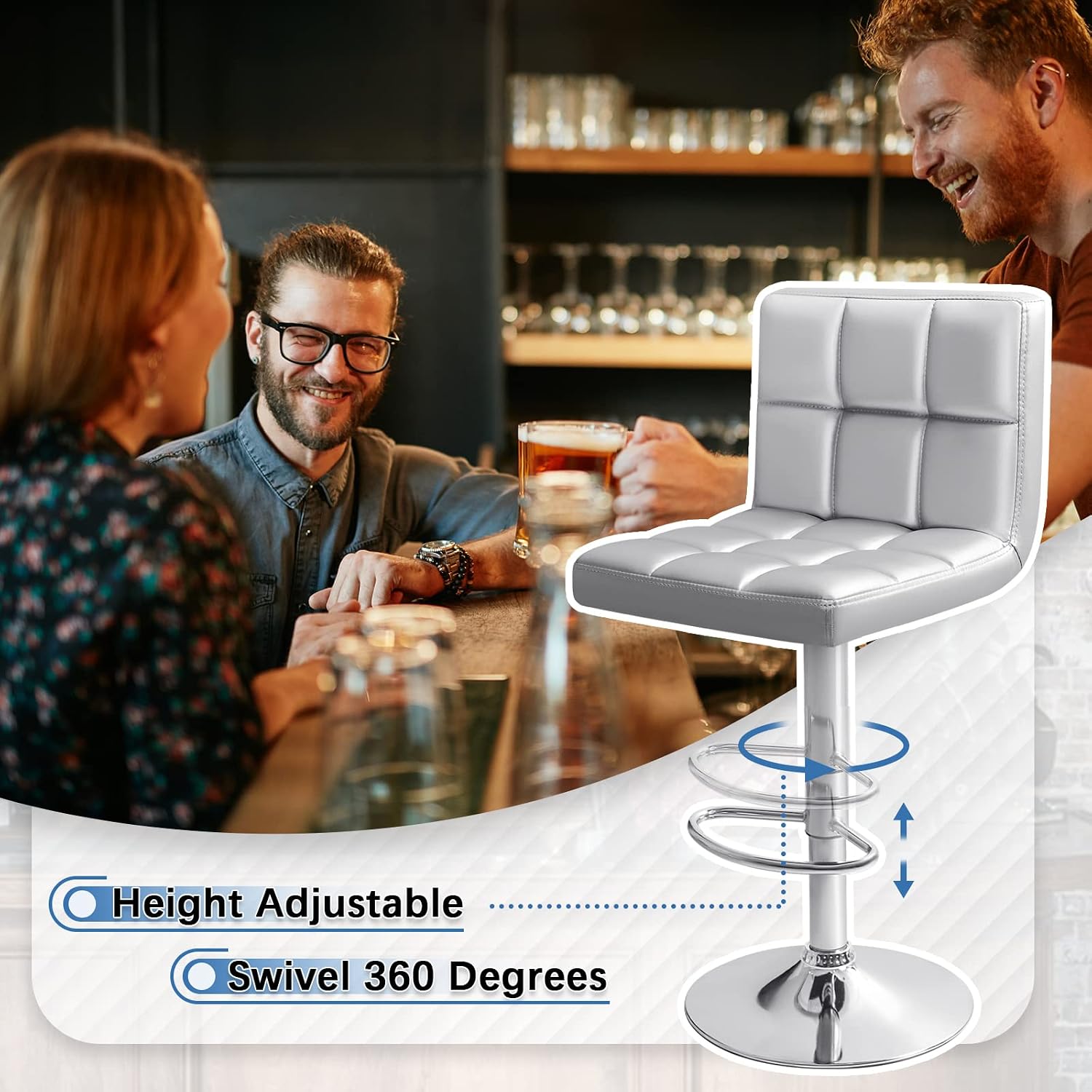Homall Bar Stools Modern PU Leather Adjustable Swivel Barstools, Armless Hydraulic Kitchen Counter Bar Stool Extra Height Square Island Barstool with Back Set of 2 (Leather, White)