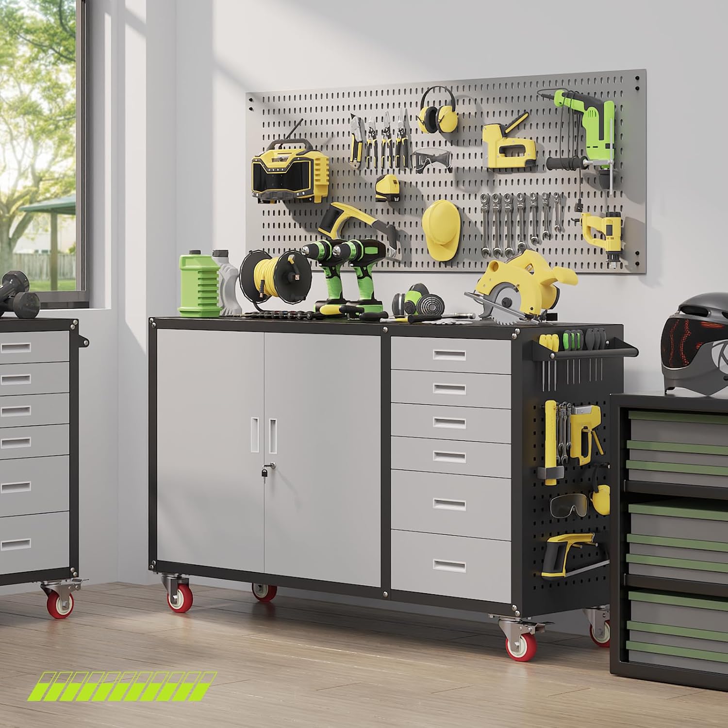 55"W Heavy Duty Rolling Workbench with Drawers and Storage, 1000 LBS Capacity Work Bench with Lockable Cabinet & Adjustable Shelf