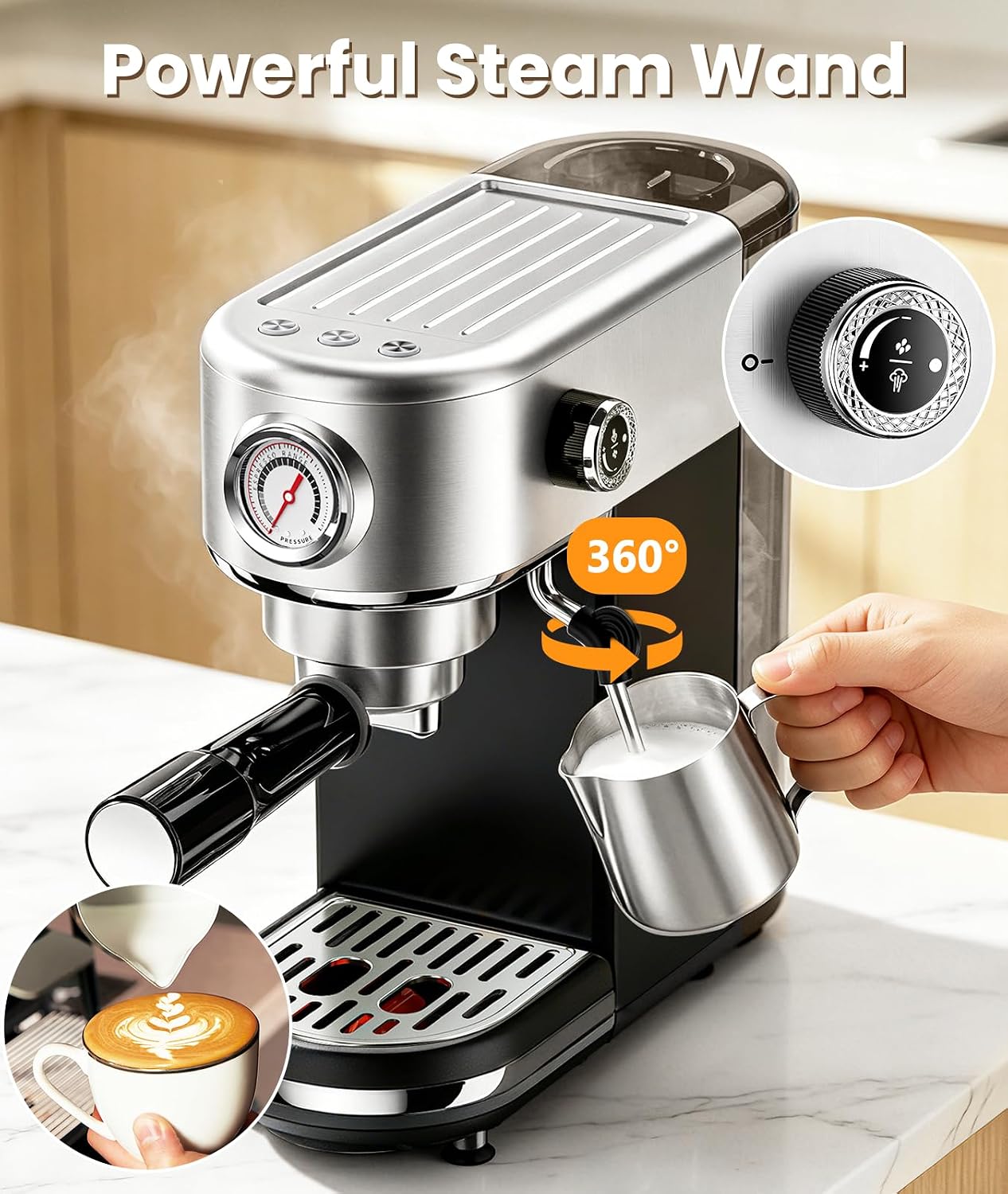 atatix 20 Bar Espresso Machine with Milk Frother, Compact Espresso Maker | Stainless Steel Coffee Machine with Precise Temp Control, 44oz Removable Water Tank for Latte, Cappuccino, White