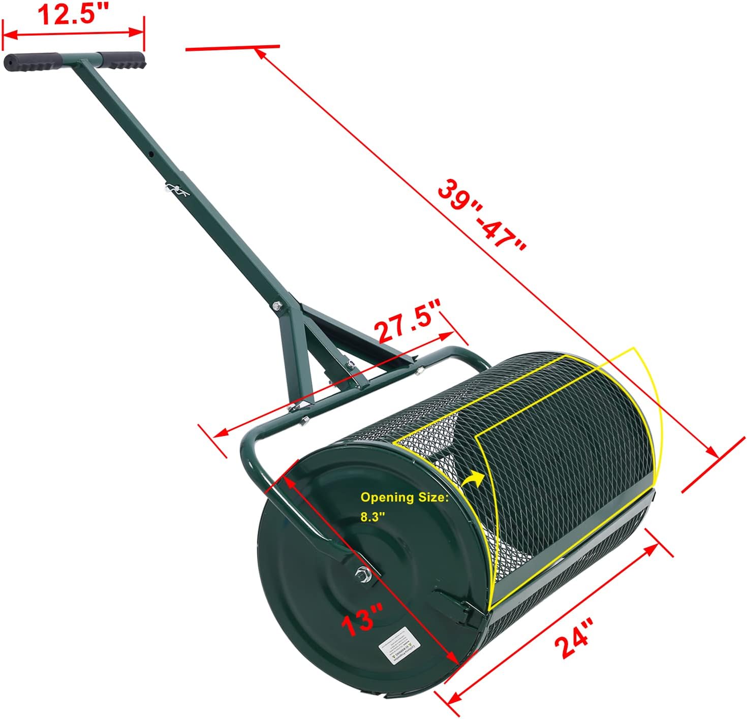Compost Spreader - 24'' Peat Moss Spreader Manure Spreaders Roller with Adjustable T Shaped Handle Lightweight Metal Mesh Spreader for Lawn Garden Spreading Manure Topsoil, Black 0.5" x 1" Open Slits