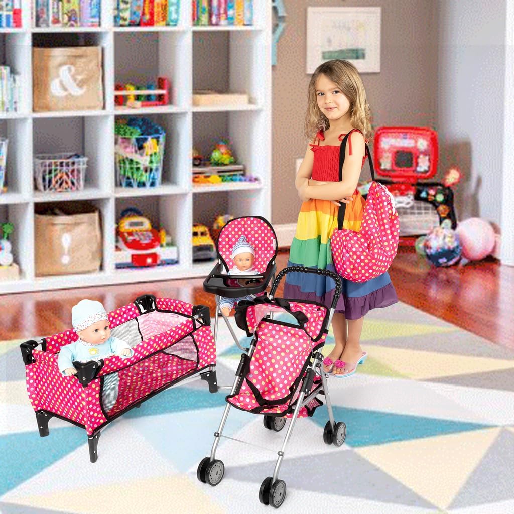 fash n kolor 4 Piece Baby Doll Play Set Flower Design Includes - Foldable Pack N Play, Baby Doll Stroller, Baby Doll High Chair, Infant Seat, Fits Up to 18'' Doll 4 Piece Doll Accessories Set