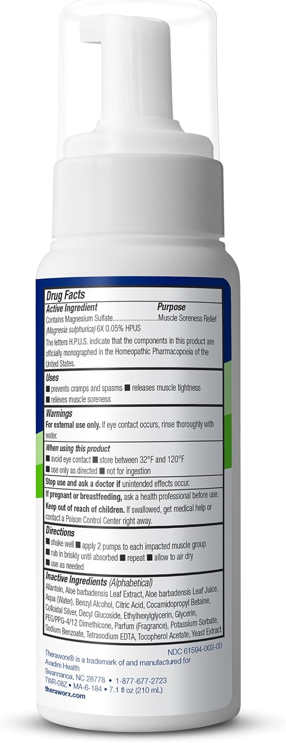 Theraworx Muscle Cramps Relief Foam with Magnesium Sulfate, 7.1oz (1 Count) | Clinically Trusted, Fast-Acting Muscle & Leg Cramp Relief, Made with Magnesium Sulfate. Paraben-Free, no mess or strong odor.