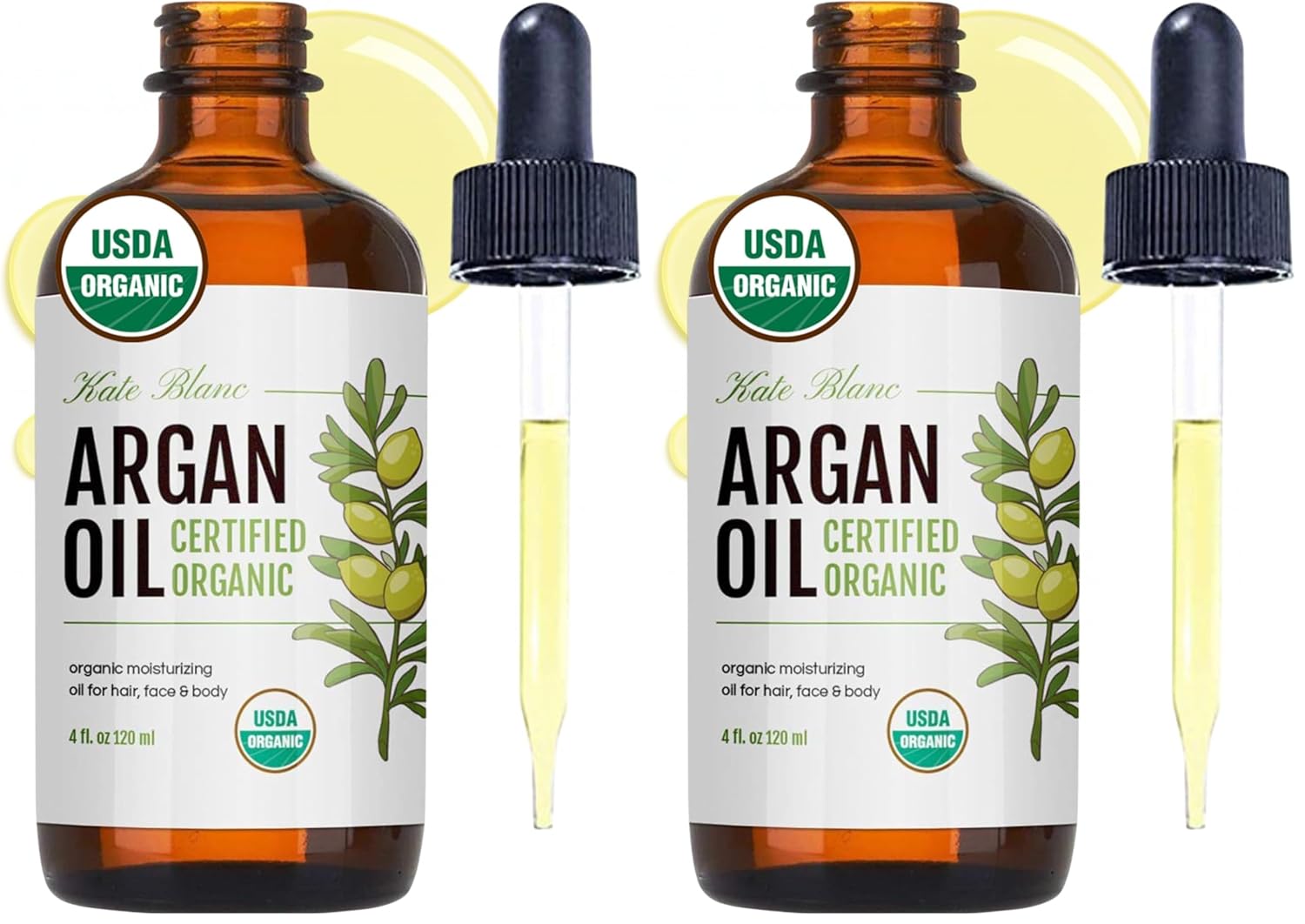 Kate Blanc Cosmetics Argan Oil for Hair, Face & Skin from Morocco (4oz, USDA Certified Organic, Cold Pressed & 100% Pure, Light) | USDA Certified Organic, Cold Pressed & 100% Pure, Light