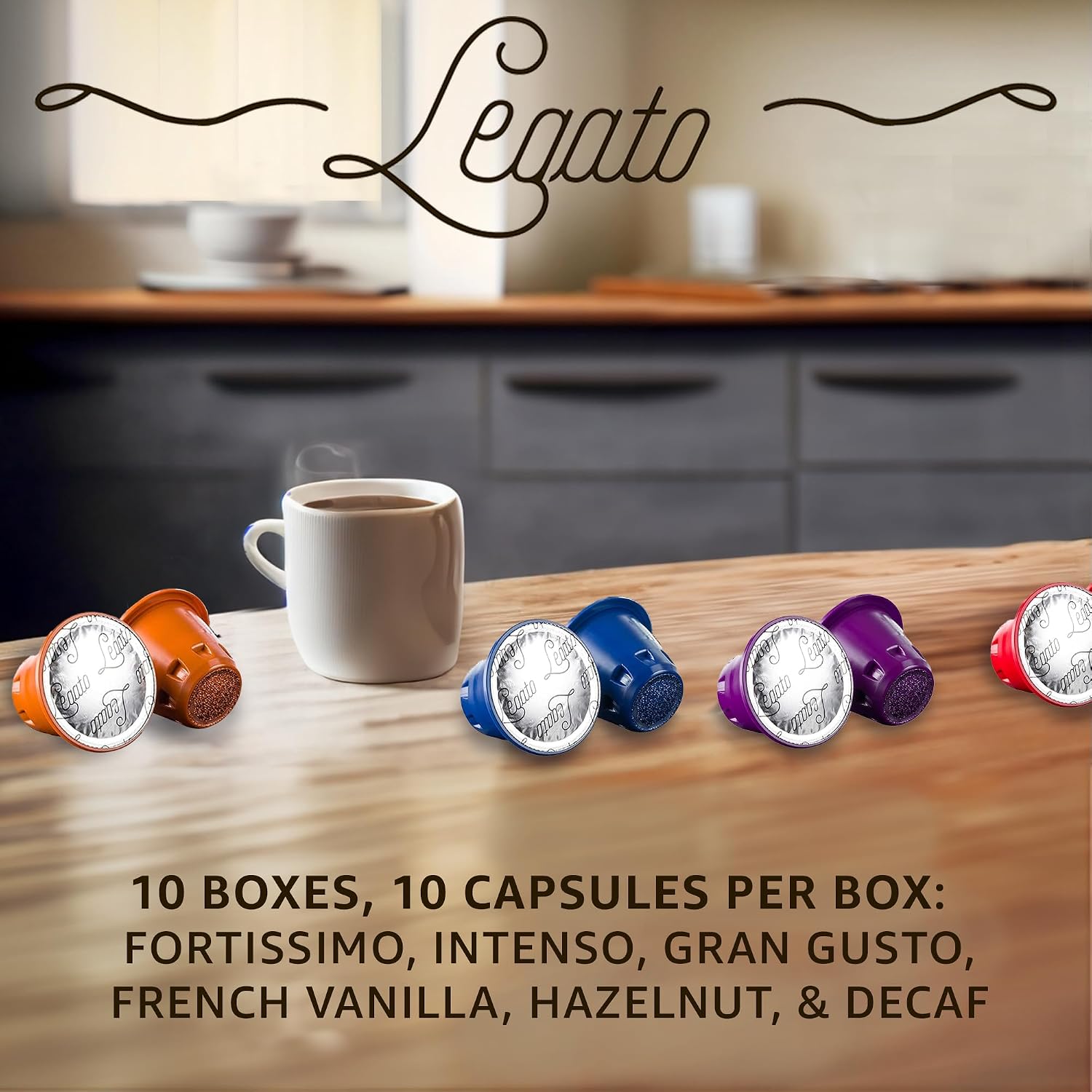 Legato Espresso Capsules - 10/100 count - Single-Serve Coffee Pods - Compatible with Nespresso OriginalLine Machine - Cafe-style Coffee at Home (100, Hazelnut Strength 5)