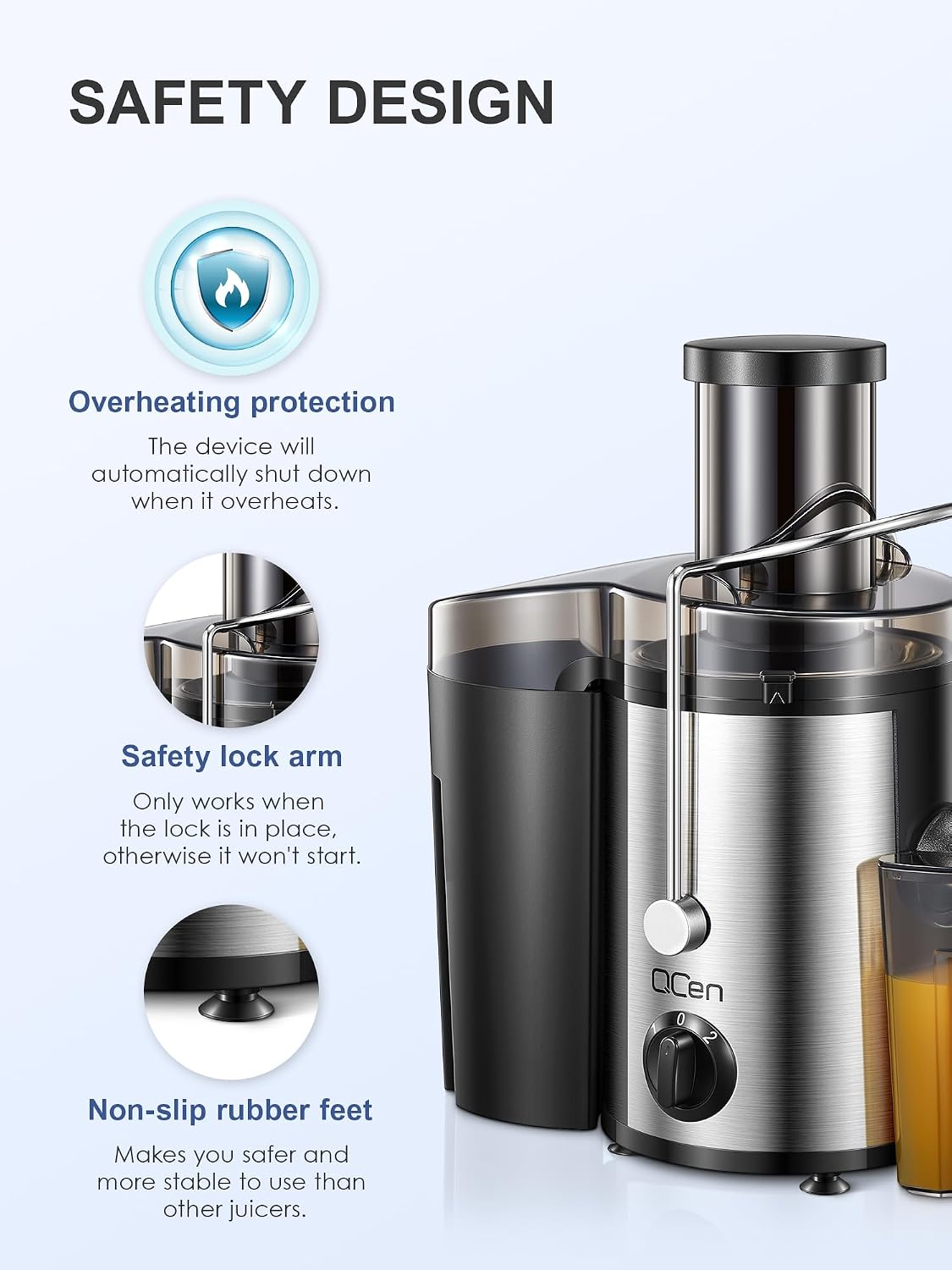 QCen Juicer Machine 500W Centrifugal Juicer with Extra Wide Feed Chute
