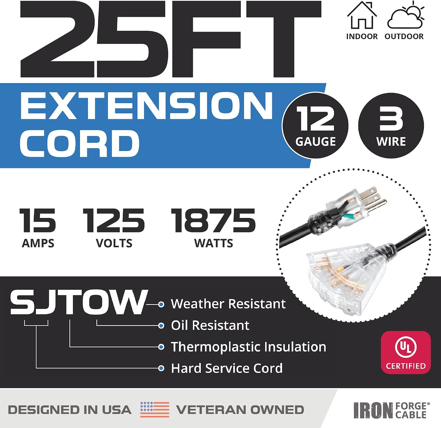 Iron Forge Cable 12 Gauge Extension Cord Multi Outlet, 10 Ft - Black SJTW
