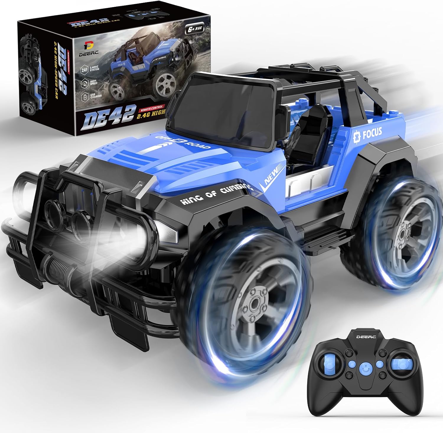 DEERC DE125 1:14 RC Car for Kids,4WD Remote Control Off-Road Monster Truck | RC Rock Crawler with Mist Spray,Metal Shell, LED Lights, 2.4GHz All-Terrain Car, 2 Batteries, Gifts for Beginners and boys