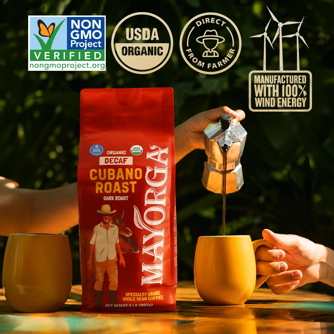 Mayorga Organic Coffee 12oz Cafe Cubano Roast - Dark Roast Whole Bean Coffee Specialty Grade, 100% Arabica, Slow Roasted, Bold and Smooth Flavor with Low Acidity - USDA Organic, Non-GMO, Kosher,
