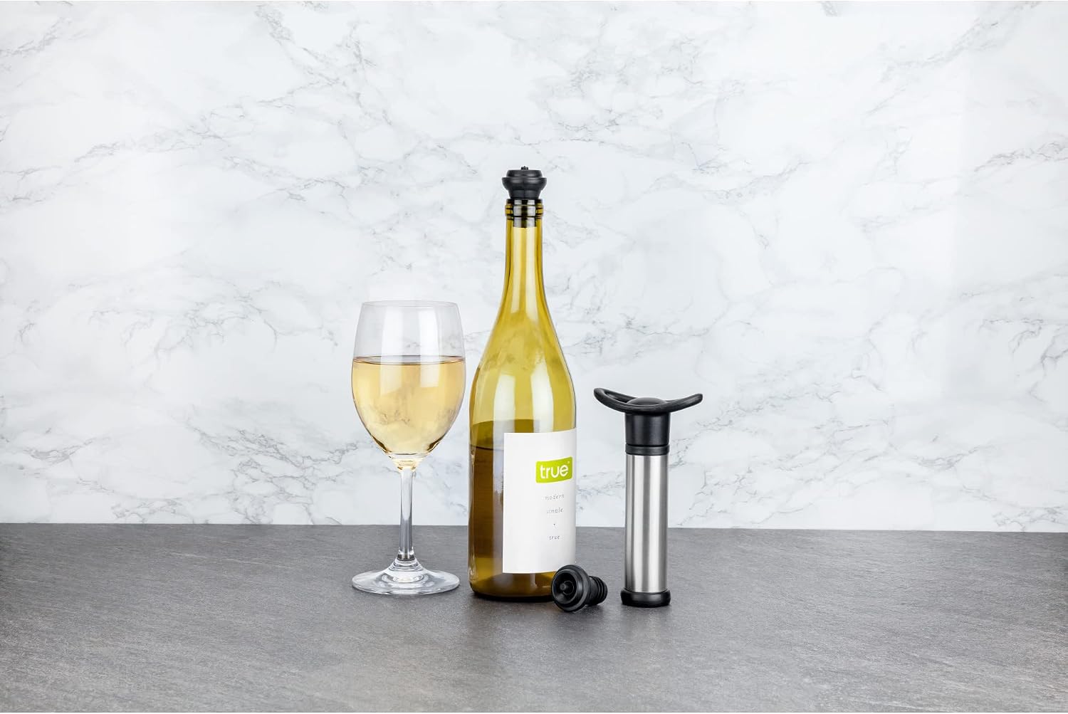 True Preserve Wine Savers Vacuum Pump with Two Wine Stoppers, Wine Accessories for Wine Lovers, 3 Piece Set, Black and Metallic