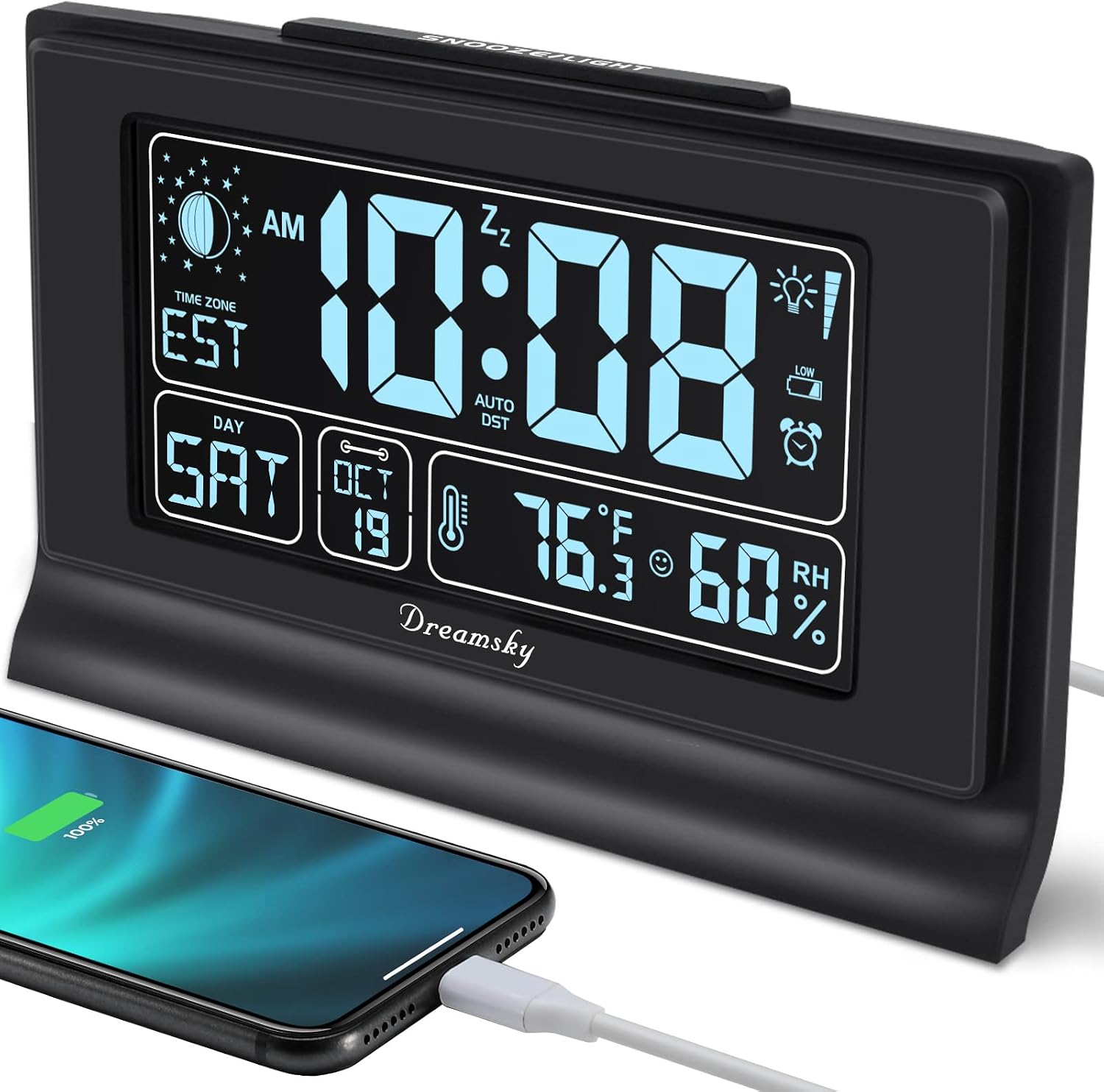 DreamSky Alarm Clocks for Bedrooms with Battery Backup, Auto Set | Digital Clock with Date & Day of Week, 5 Inch Large Display, Weekday, Temperature, USB Port, Auto DST, Brightness Dimmer