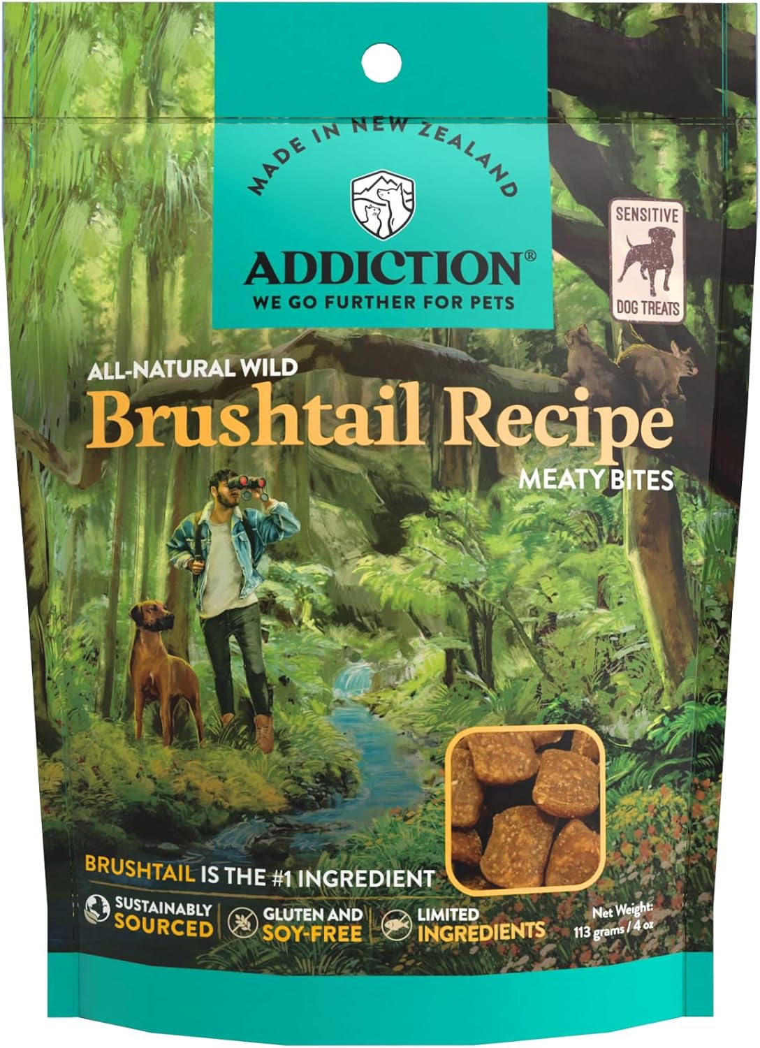 Addiction Venison Recipe Meaty Bites, All Natural Free Range Grain Free High Meat Dog Treats, 4 Oz.