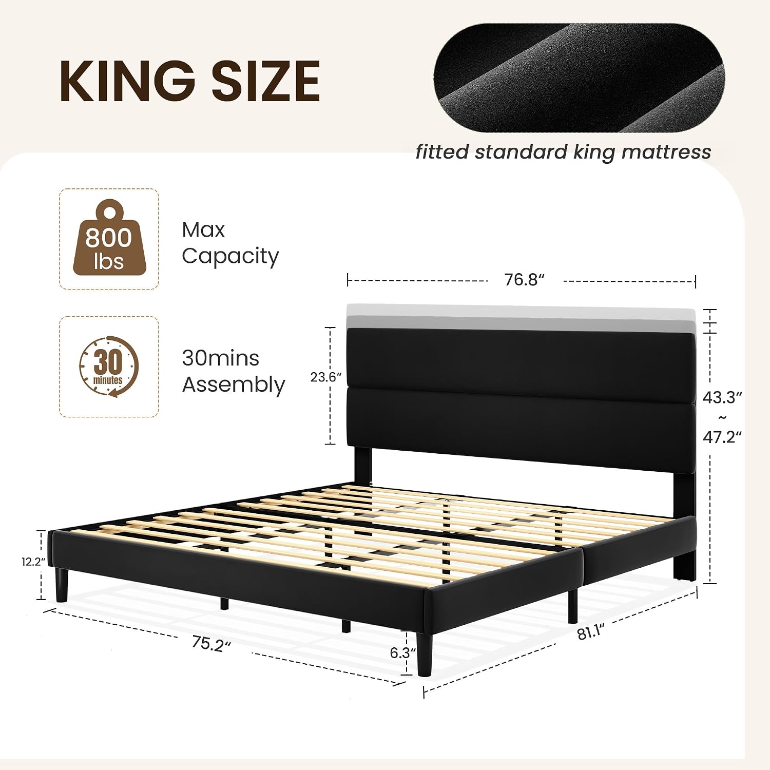 GRUSIGN Queen Size Platform Bed Frame with Velvet Headboard, Adjustable Height Wooden Slats Support, Upholstered Mattress Foundation, Fits Mattress or Mattress with Box Spring, Easy Assembly, Beige