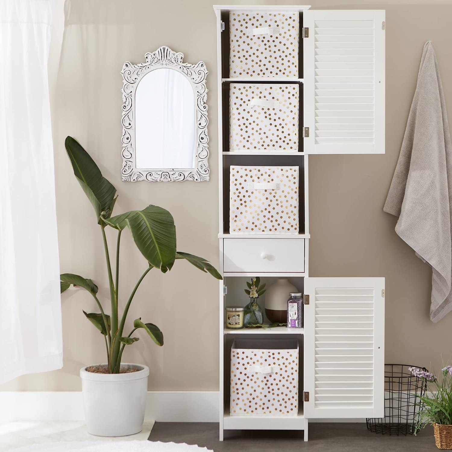 DII Woven Polyester Storage Bin, Polka Dot, White & Gold, Large Set of 2