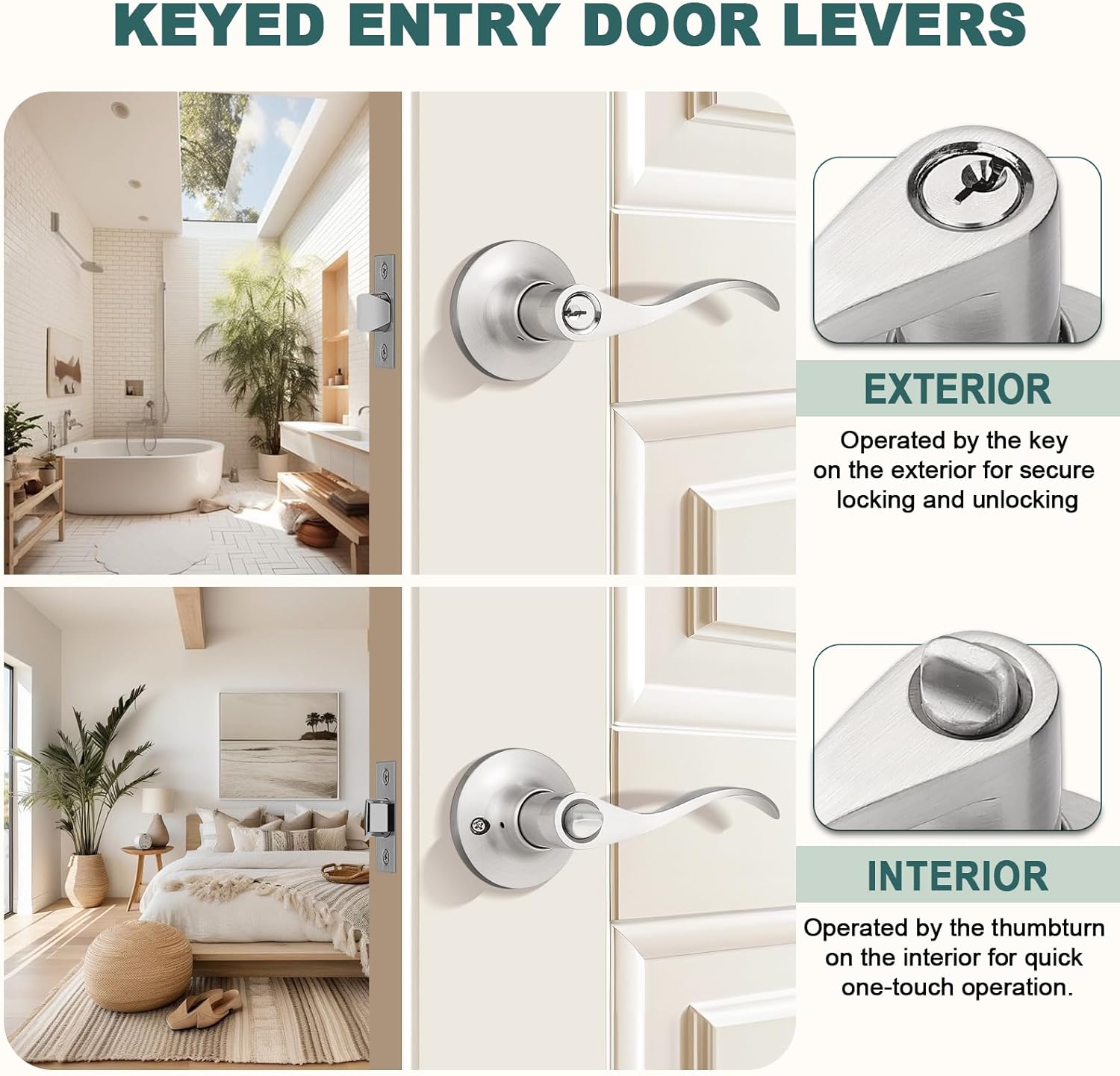 GOBEKOR 1 Pack Privacy Door Levers Brushed Nickel Lever Door Handles Interior for Bedroom and Bathroom Door Locks Wave Door Handles