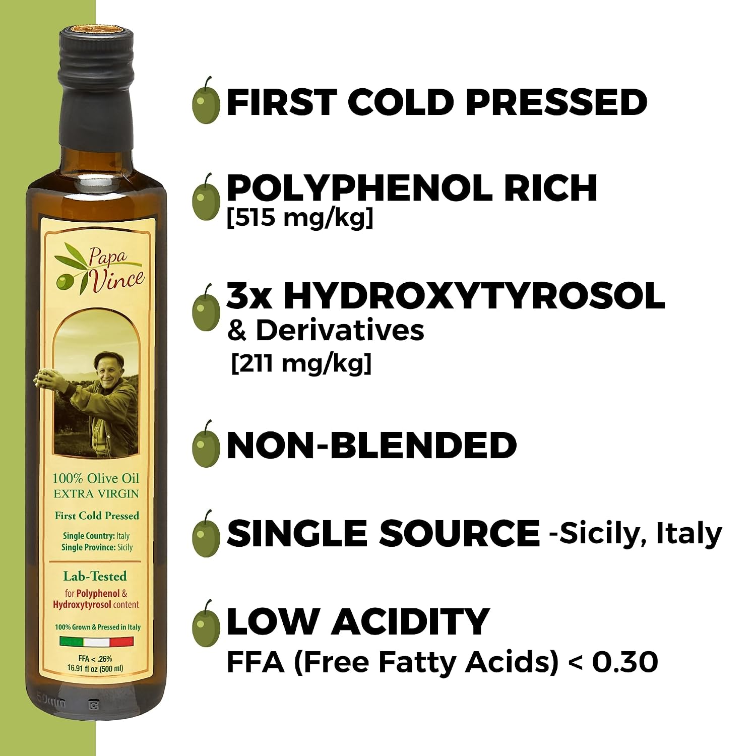 Papa Vince Olive Oil Extra Virgin - First Cold Press, Sicily, Italy | Buttery, smooth, gentle peppery finish - unrefined, unblended