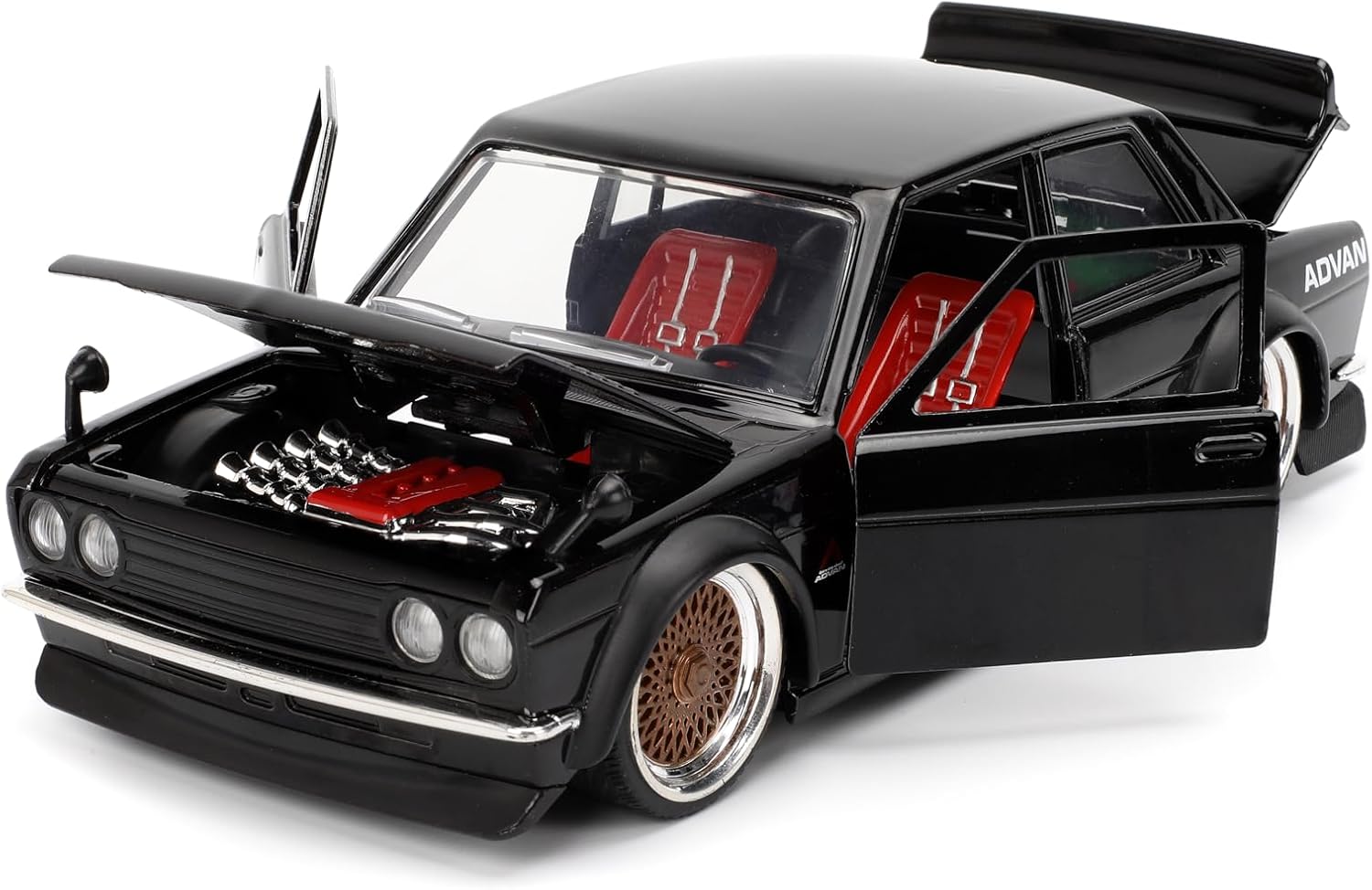 Jada Toys JDM Tuners 1:24 Scale Die-Cast 1973 Datsun 510 – Opening Doors, Detailed Interior, Rubber Tires, Collectible for Ages 8+(Gloss Black)