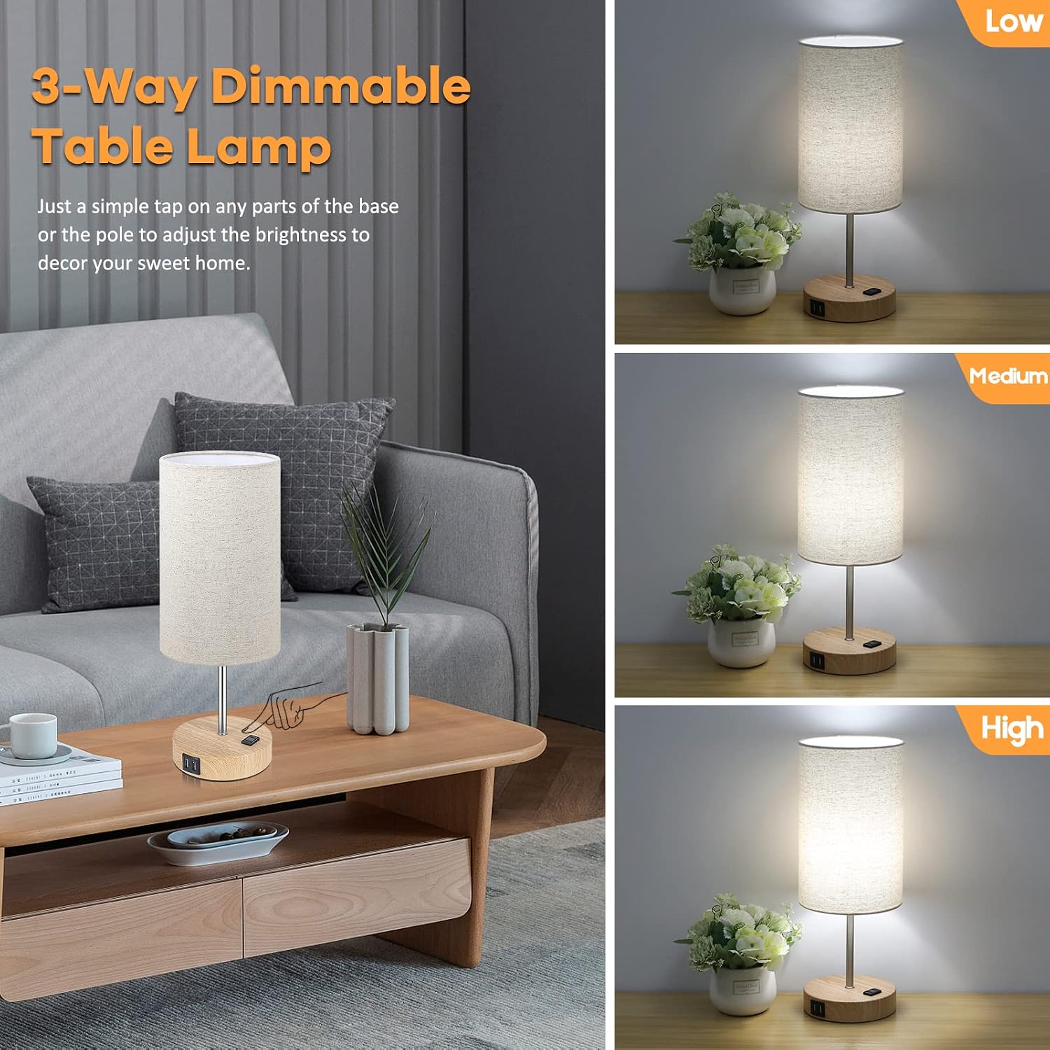 Set of 2 Touch Control Table Lamps with 2 USB Charging Ports&AC Outlet