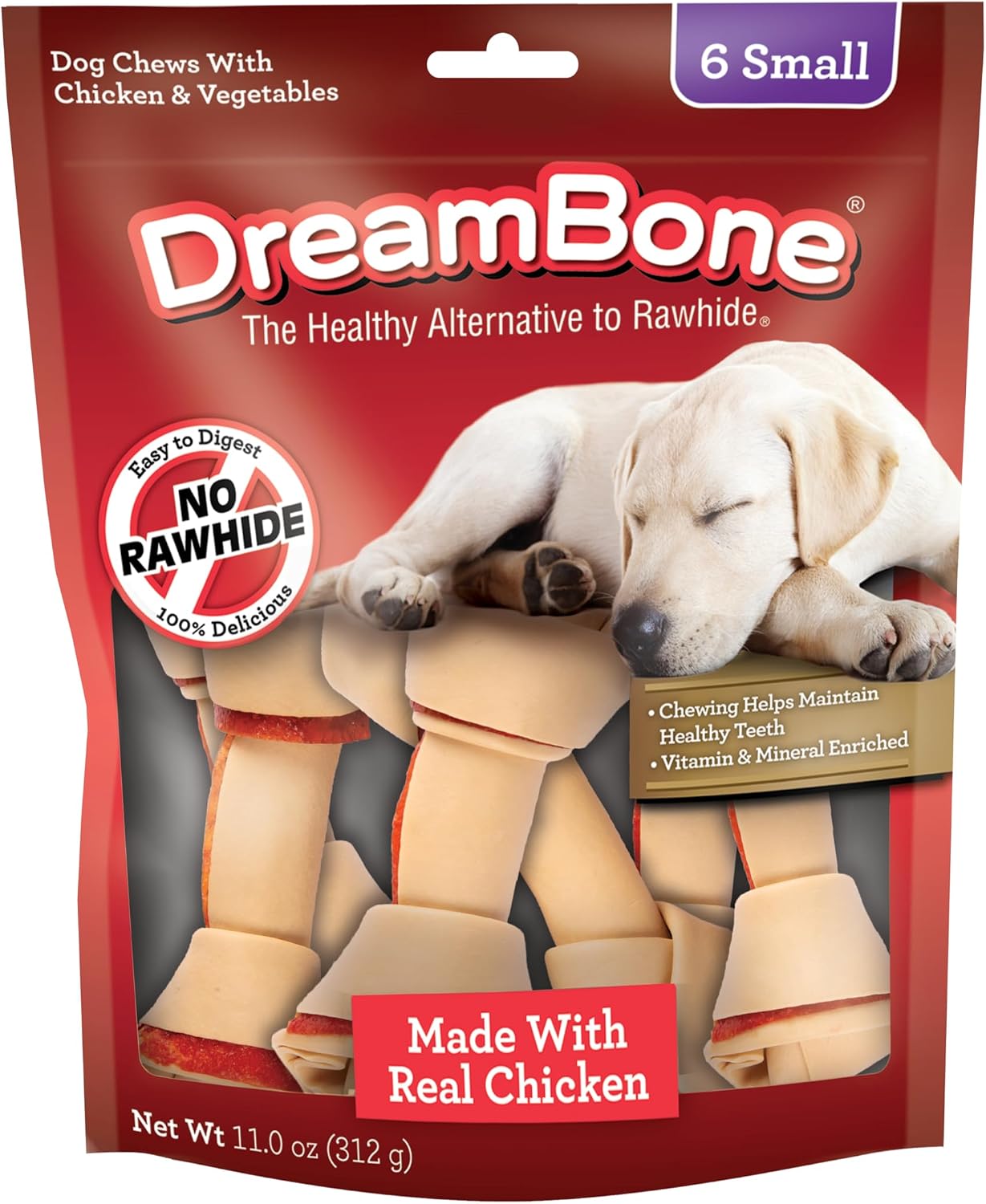 DreamBone Small Bone Rawhide-Free Dog Treats With Real Protein, 10 Count | Daily Chew, Digests Safely and Completely, Made With Real Chicken and Veggies, For Adult Dogs