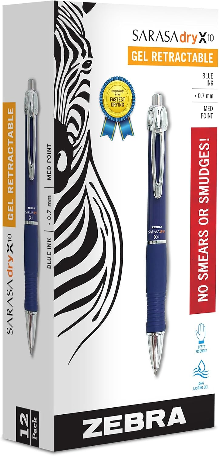 Zebra Pen SARASA X10 Retractable Gel Pen, Black Ink, 0.7mm, 12-Pack | Rapid-Dry Ink, Smooth, Smear-Resistant, Wide Barrel, Ideal for Left-Handed Writers, Note-Taking, Medium Point Tip (42620)