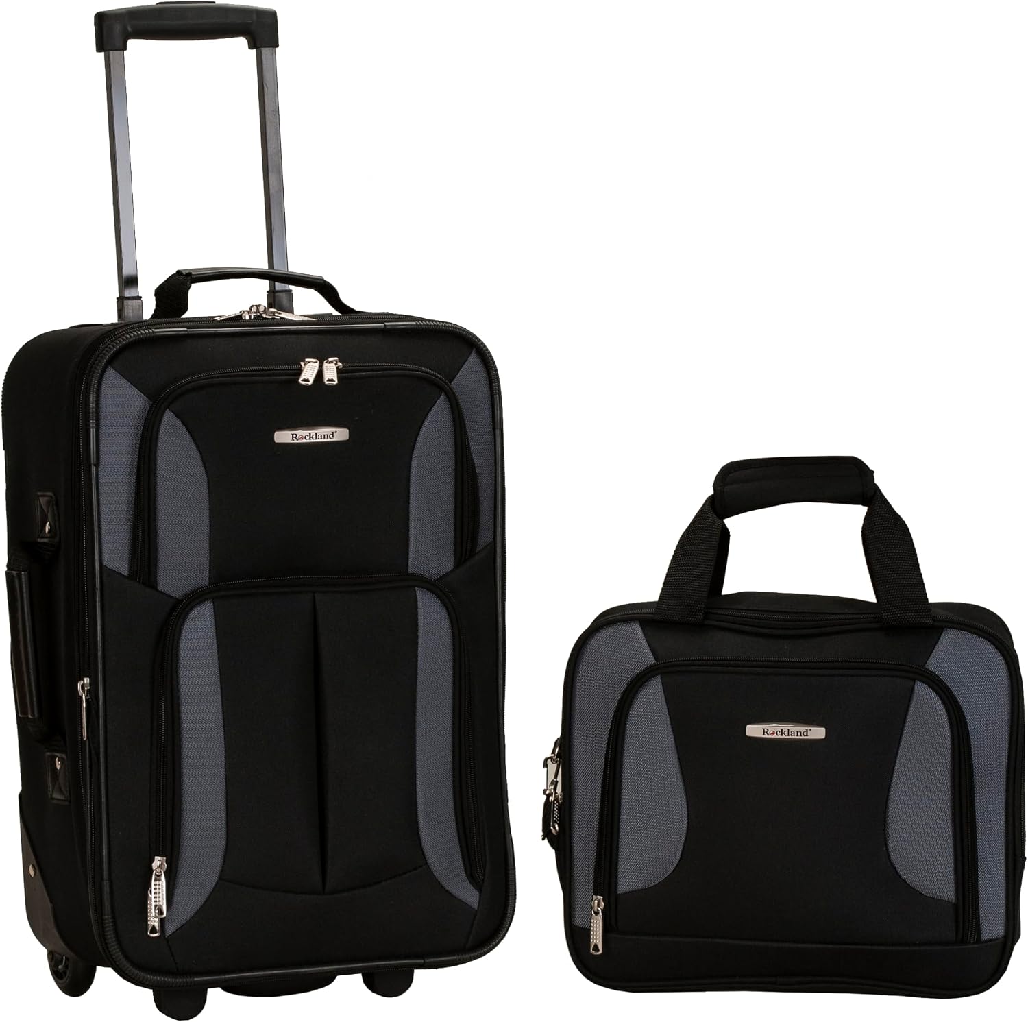 Rockland Fashion Softside Upright Luggage Set,Expandable, Telescopic Handle, Wheel, Black Dot, 2-Piece (14/19)