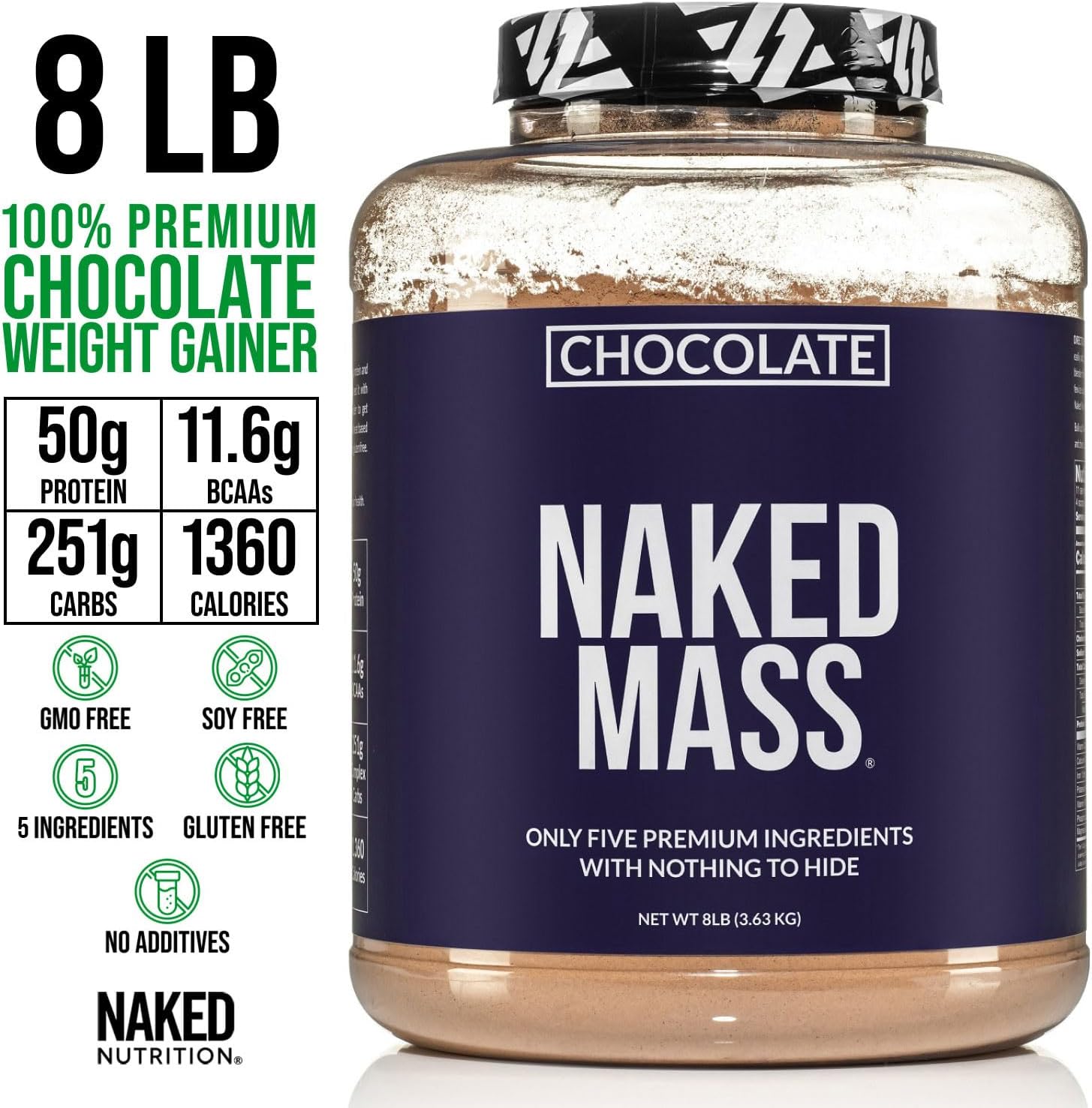NAKED Mass - Natural Weight Gainer Protein Powder - 8 LB Bulk, NSF Certified, GMO Free, Gluten Free & Soy Free. No Artificial Ingredients - 1,250 Calories per Serving