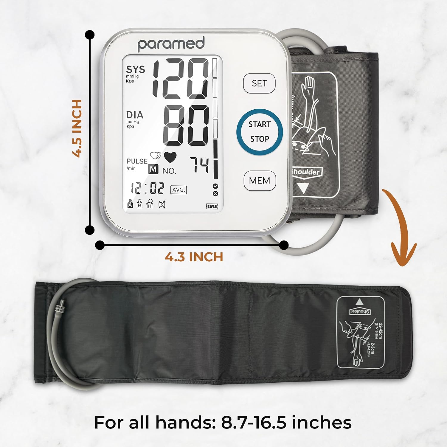 Paramed Blood Pressure Monitor - Bp Machine - Automatic Upper Arm Blood Pressure Cuff 8.7-16.5 inches - Large LCD Display 120 Sets Memory - Device