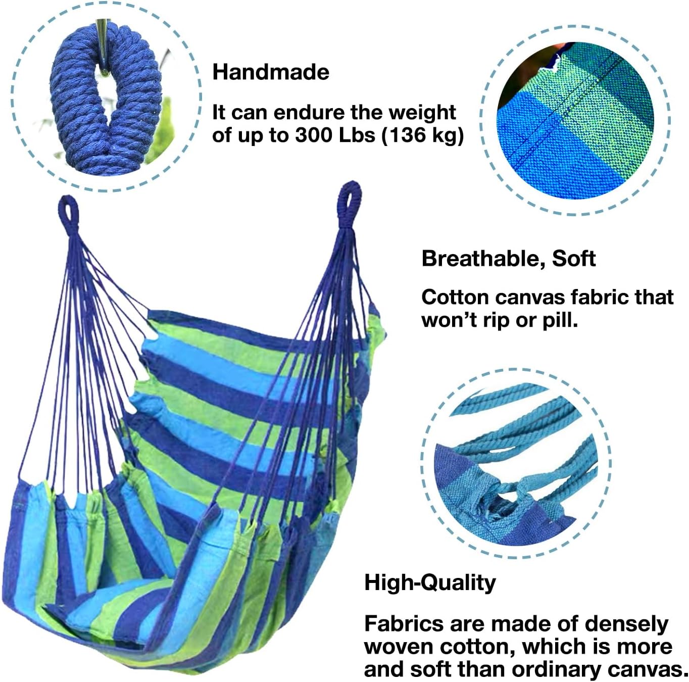 Hommtina Hammock Chair Hanging Rope Swing, Max 300 Lbs Hanging Chair with Pocket & Durability Perfect for Outdoor, Home, Bedroom, Patio