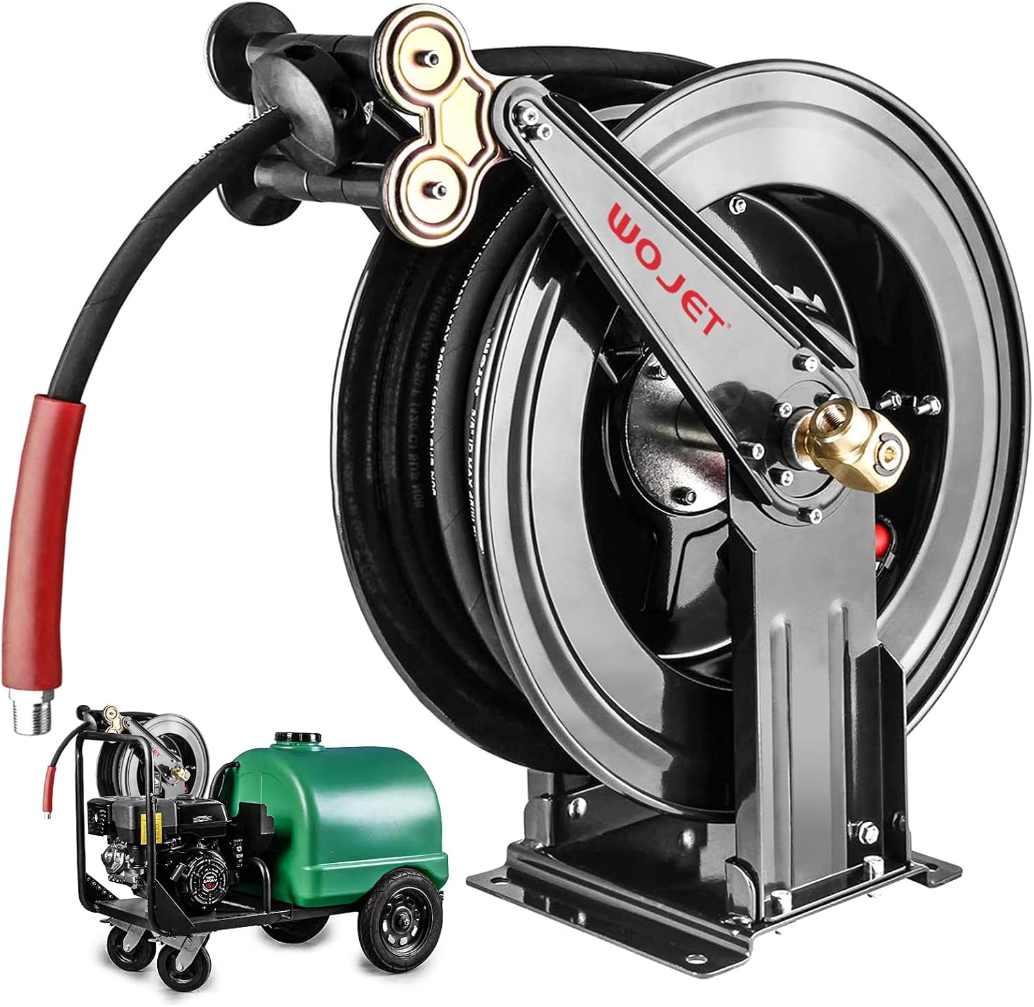 WOJET Pressure Washer Hose Reel 50 ft x 3/8 in, Retractable Hose Reel for Water/Air/Oil, Heavy Duty Hose Reel in Steel
