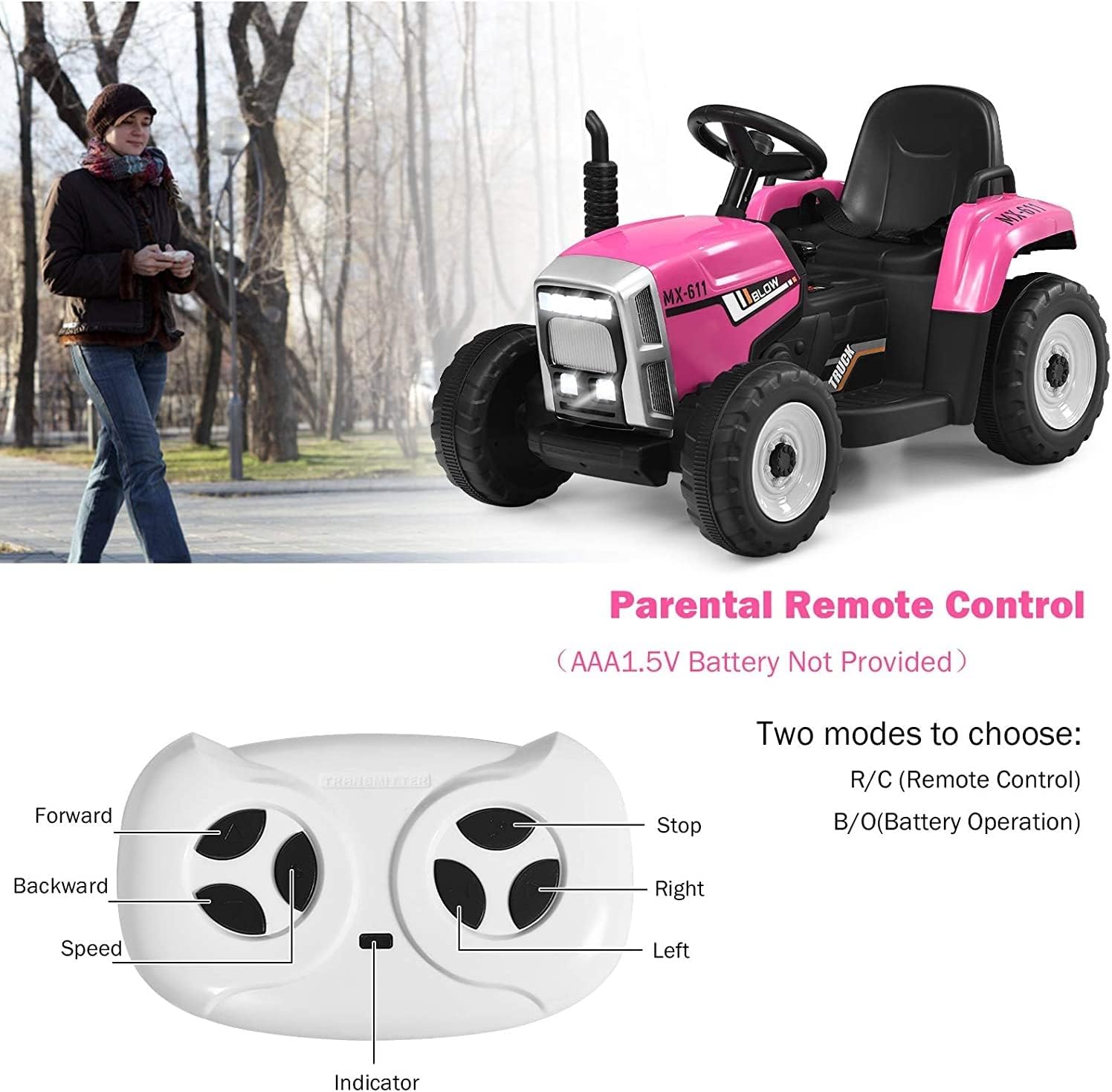 Costzon Ride on Tractor with Detachable Trailer, Kids' Electric Vehicles w/3-Gear-Shift Ground Loader, Wireless Design & USB, 7 LED Headlights