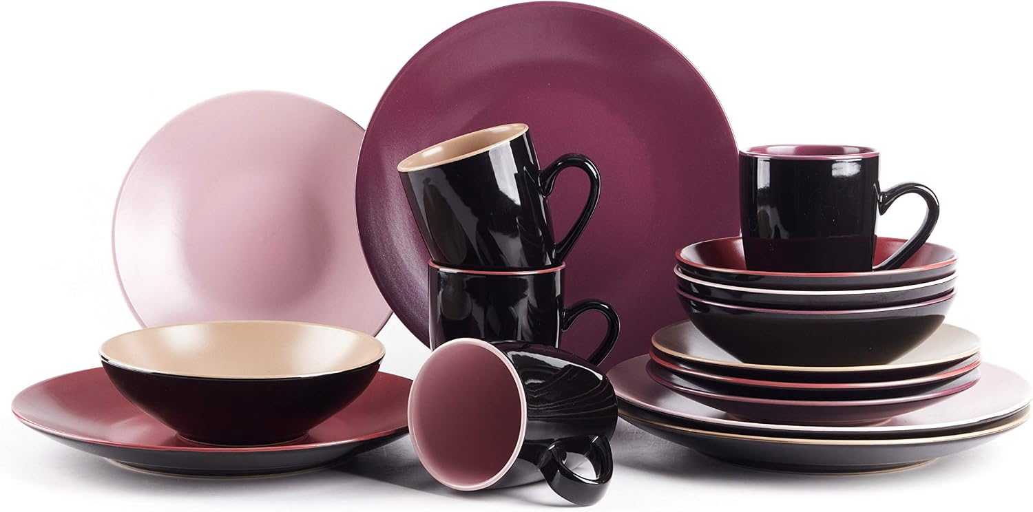 Stoneware Two-Tone Colors Life 16pc Dinner Set，Outside Shiny Black + Inside Matte Glaze Olive