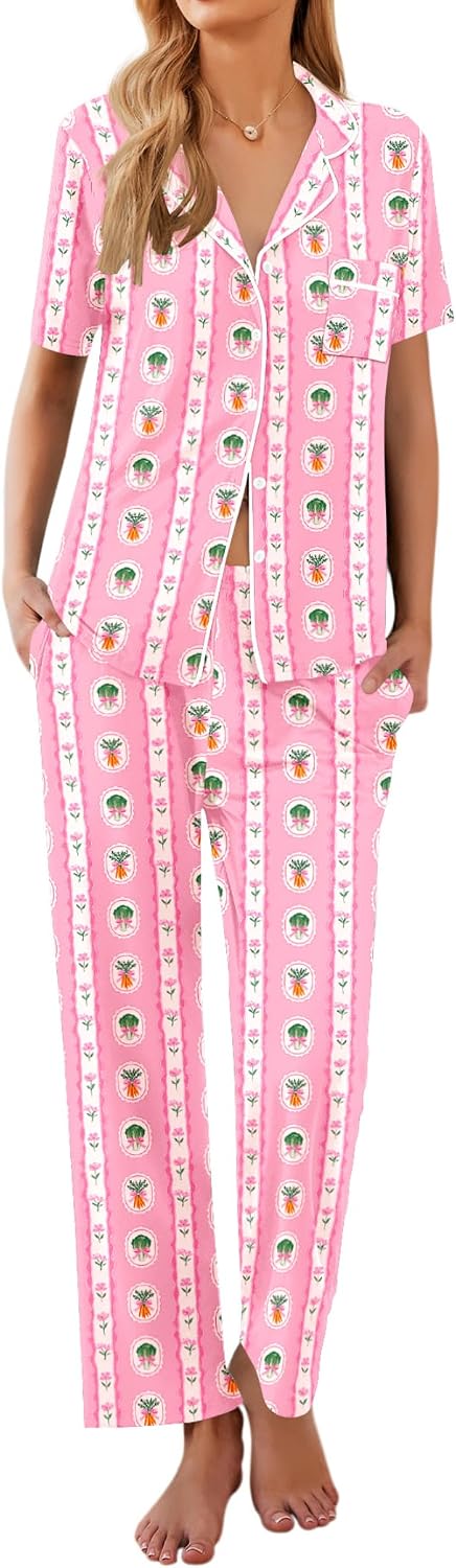 Ekouaer Womens Pajamas Set Short Sleeve Button Down Top & Pants Lounge Pjs