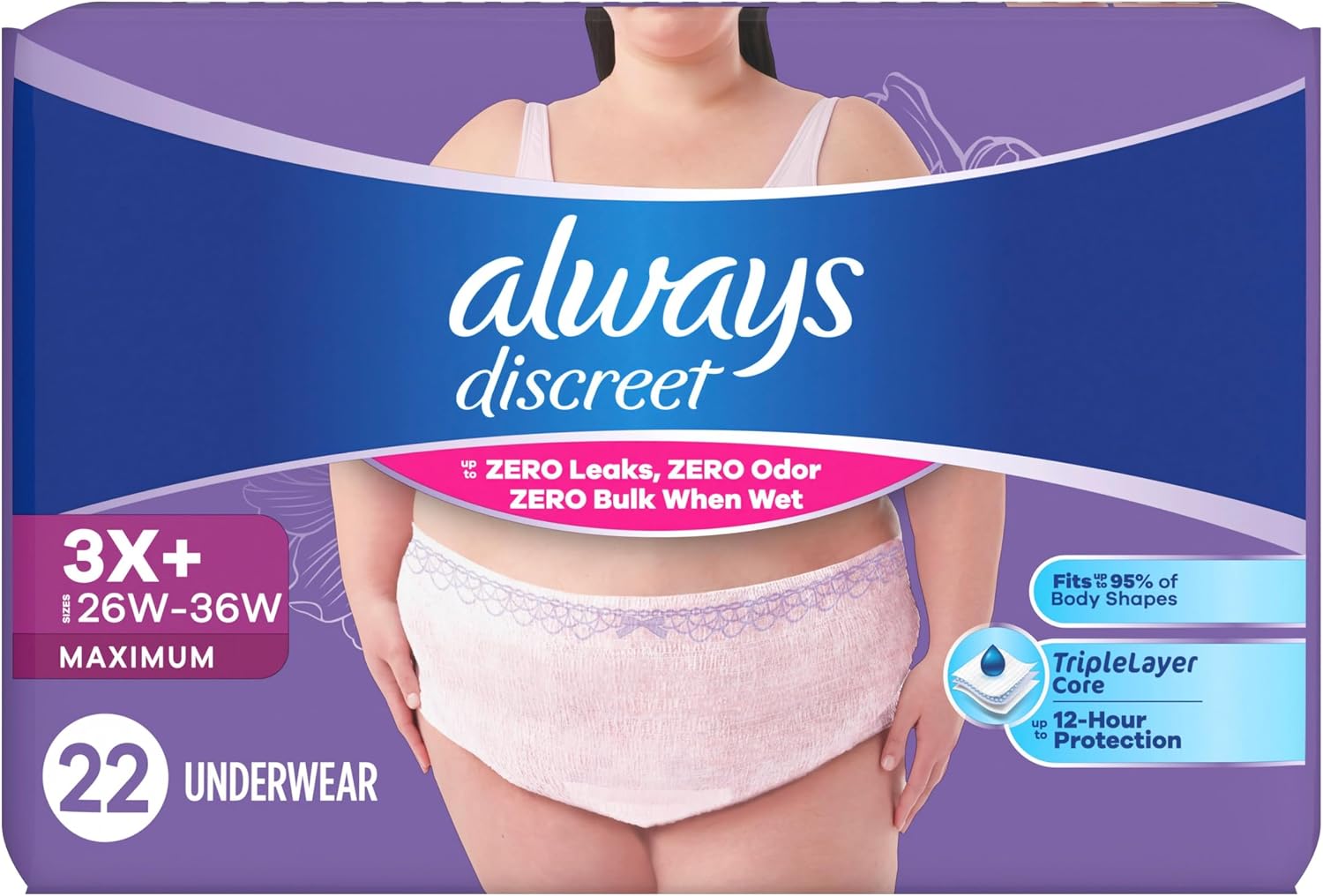 Always Discreet Adult Diapers for Women, Incontinence Underwear, Postpartum Essentials, Disposable Briefs, Max Absorbency, Bladder Leak Protection, Small/Medium, 32ct