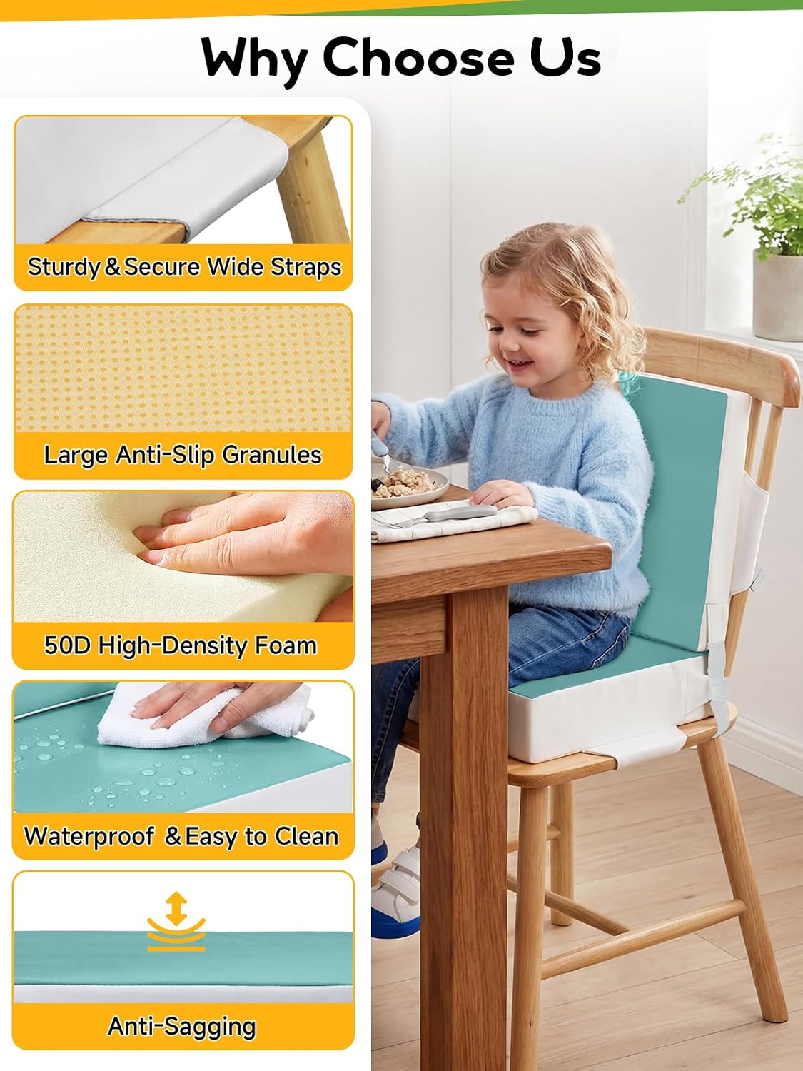 Booster Seat for Kitchen Chair - Toddler Booster Seat for Dining Table - PU Washable Double-Safety Straps with Buckle
