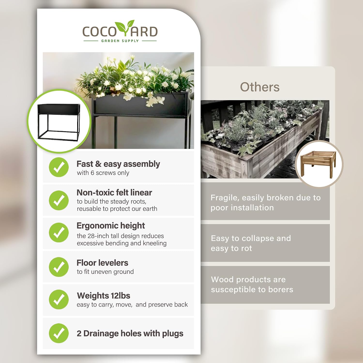 Cocoyard Metal Elevated Planter Box - 28" Raised Garden Bed with Legs for Indoor and Outdoor - Tall Rectangle Planter with Felt Liner